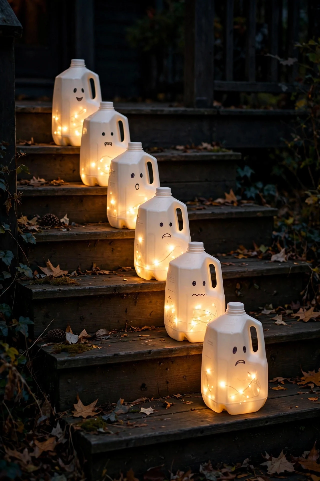 Glowing milk-jug ghosts on porch steps
