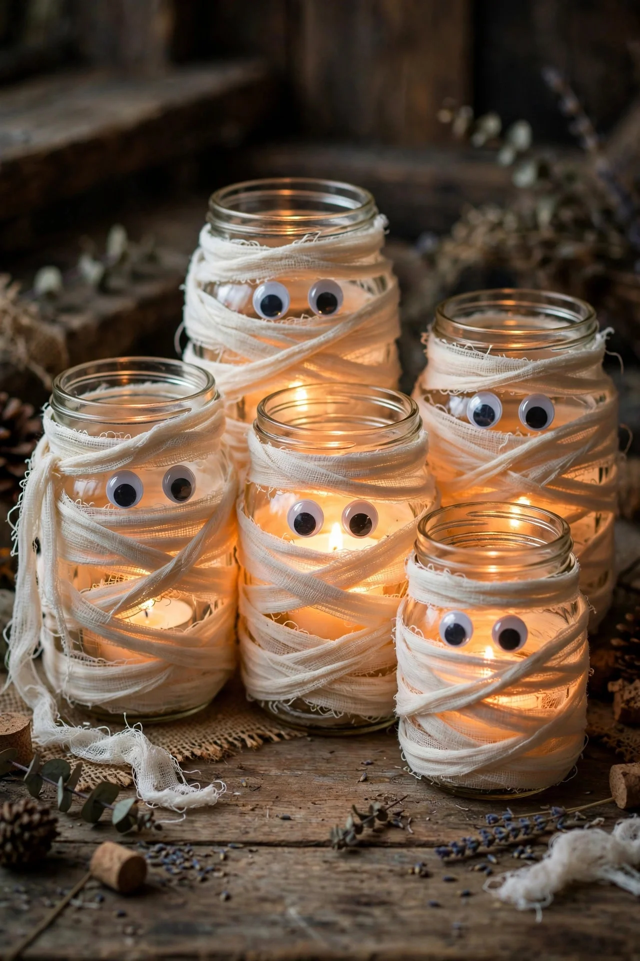 Mummy mason jars glowing as Halloween lanterns