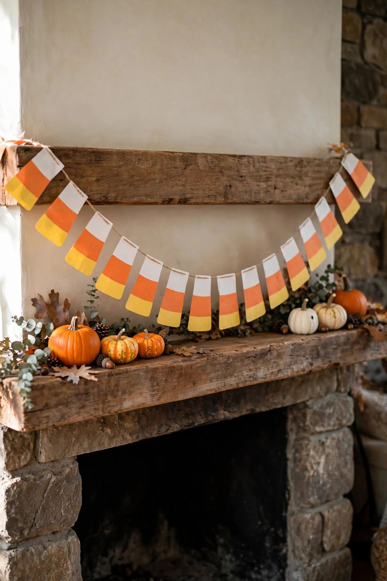 Candy corn paper garland on a mantel
