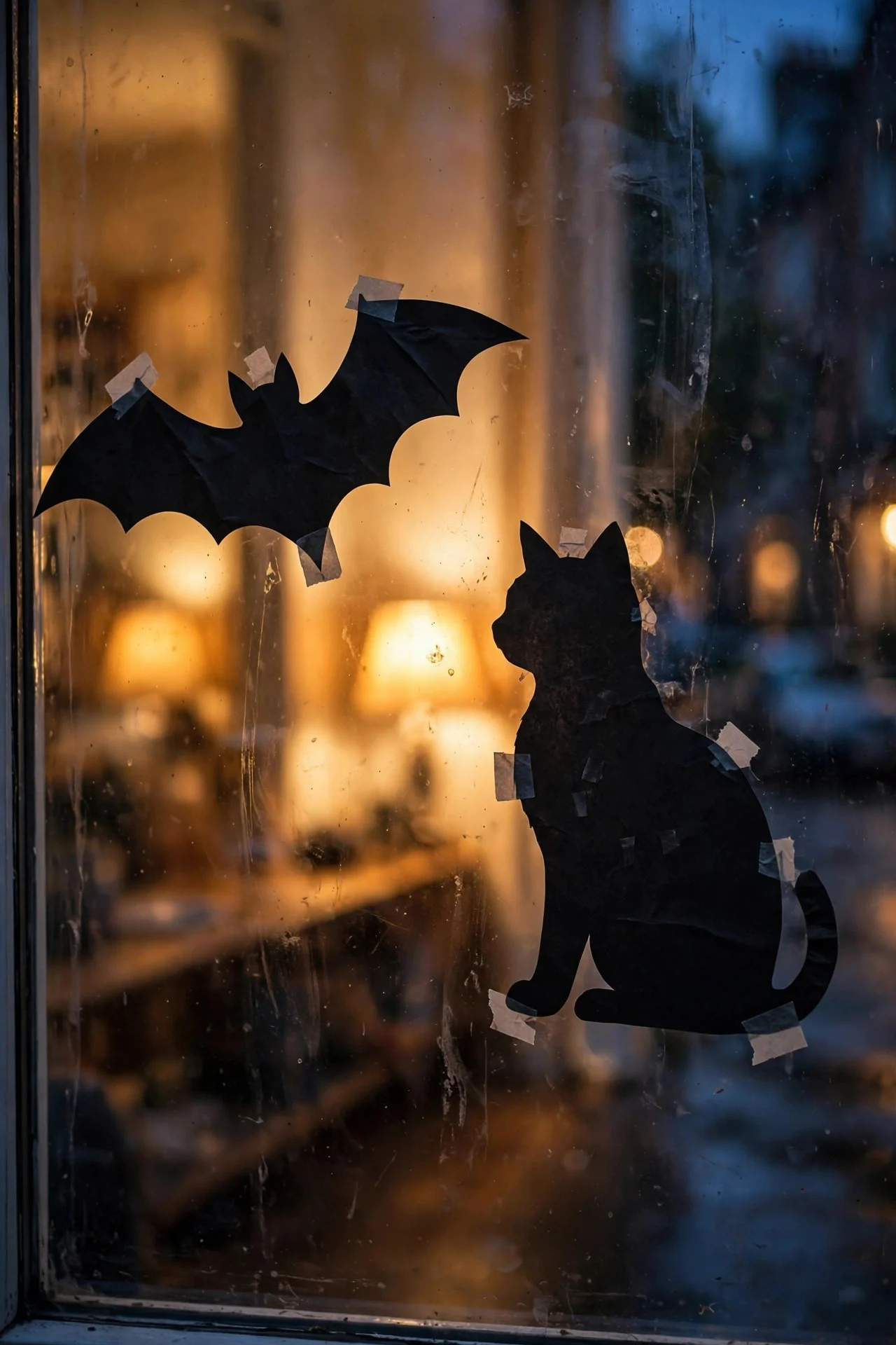 Black silhouette window clings of bats and cats on a front window