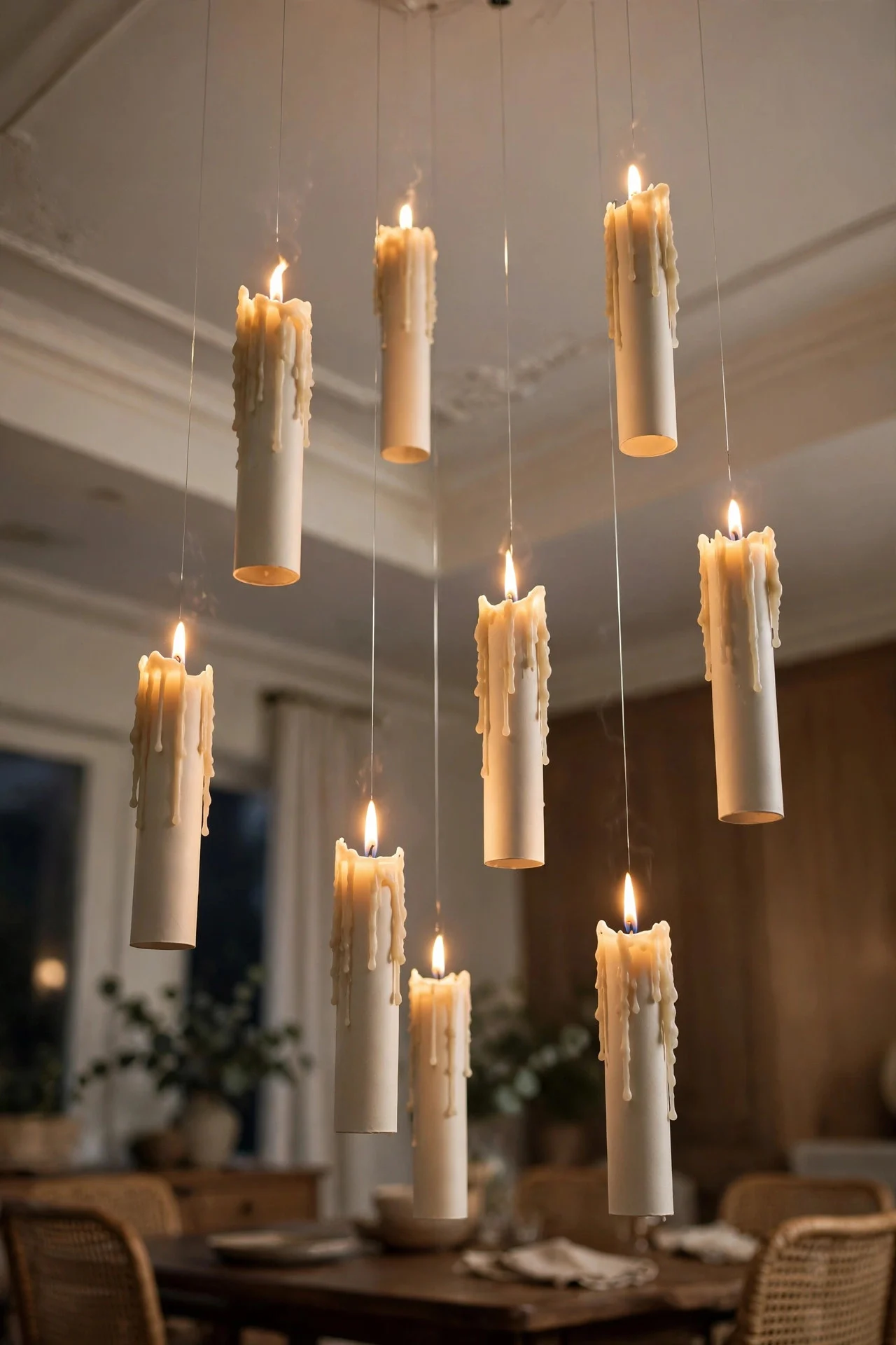Floating LED candles hanging over a dining table