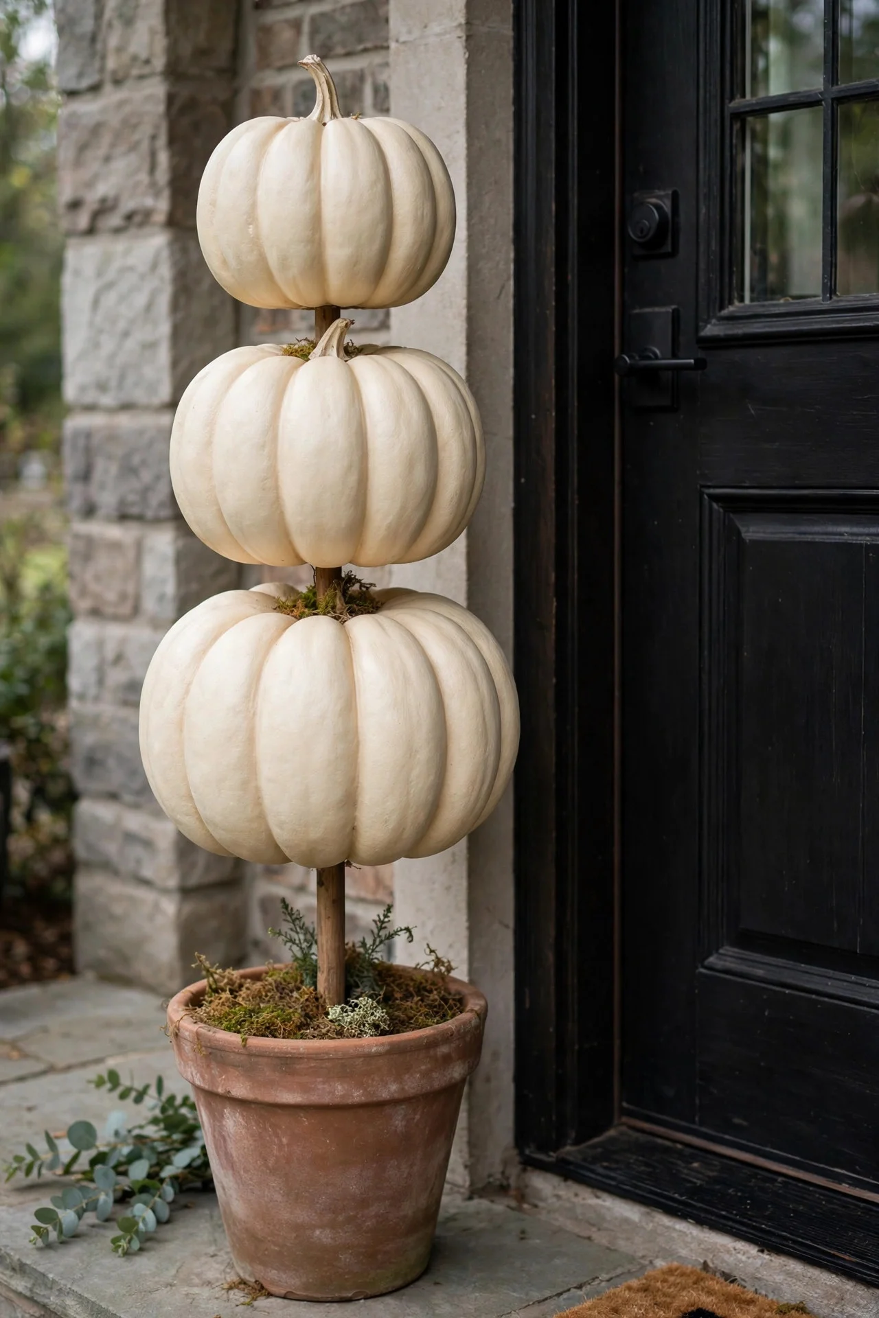 DIY pumpkin topiary beside a front door