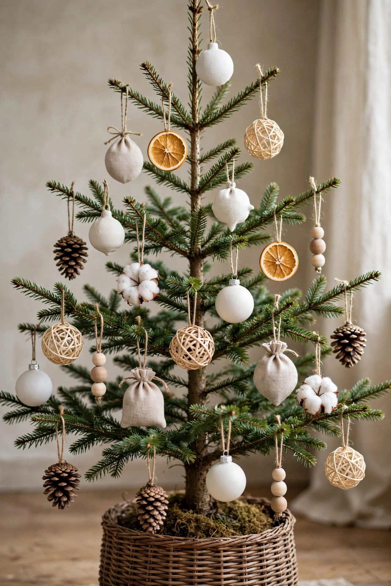 Sparse minimalist Christmas tree with few ornaments