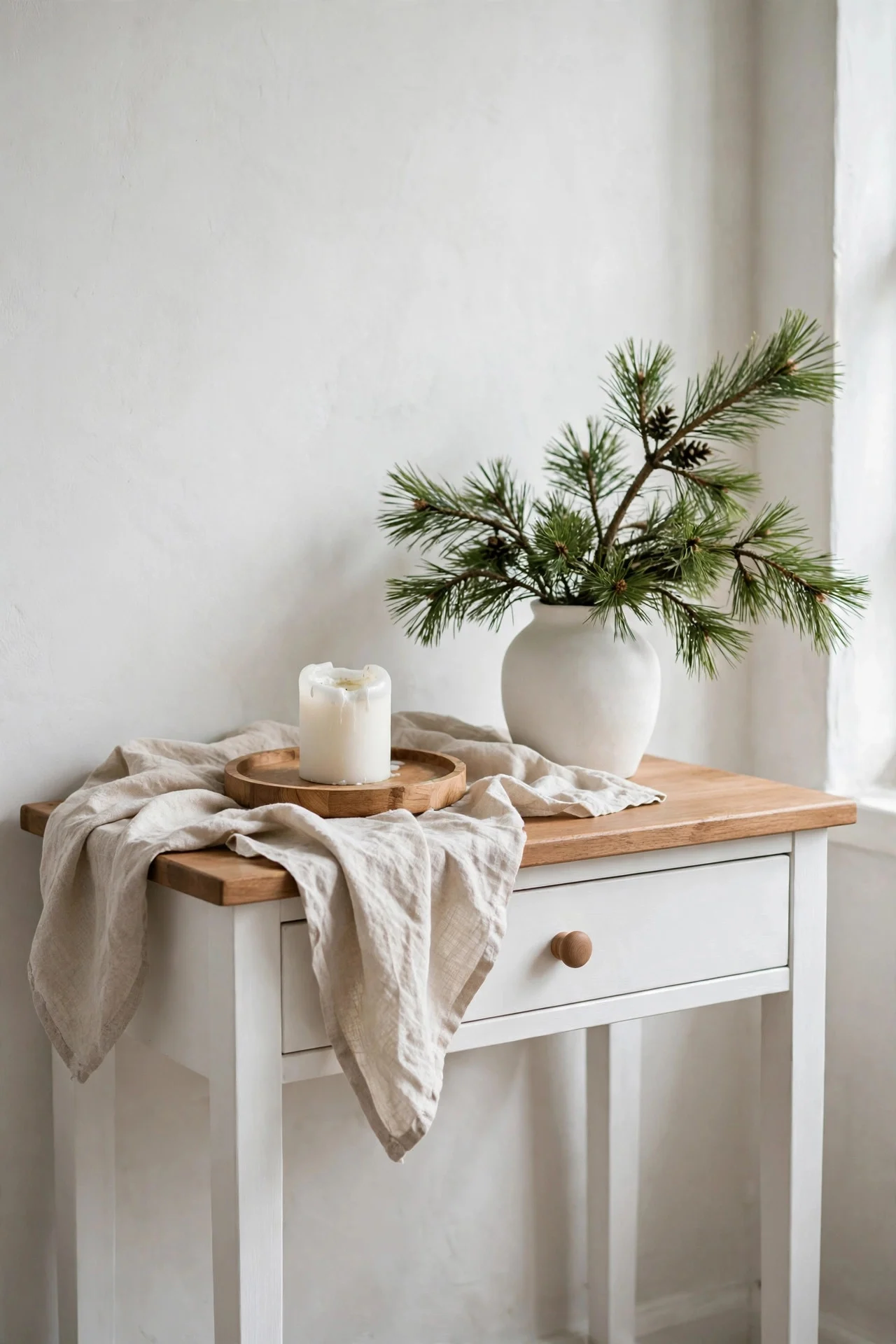 Minimalist vignette in white, wood and green tones