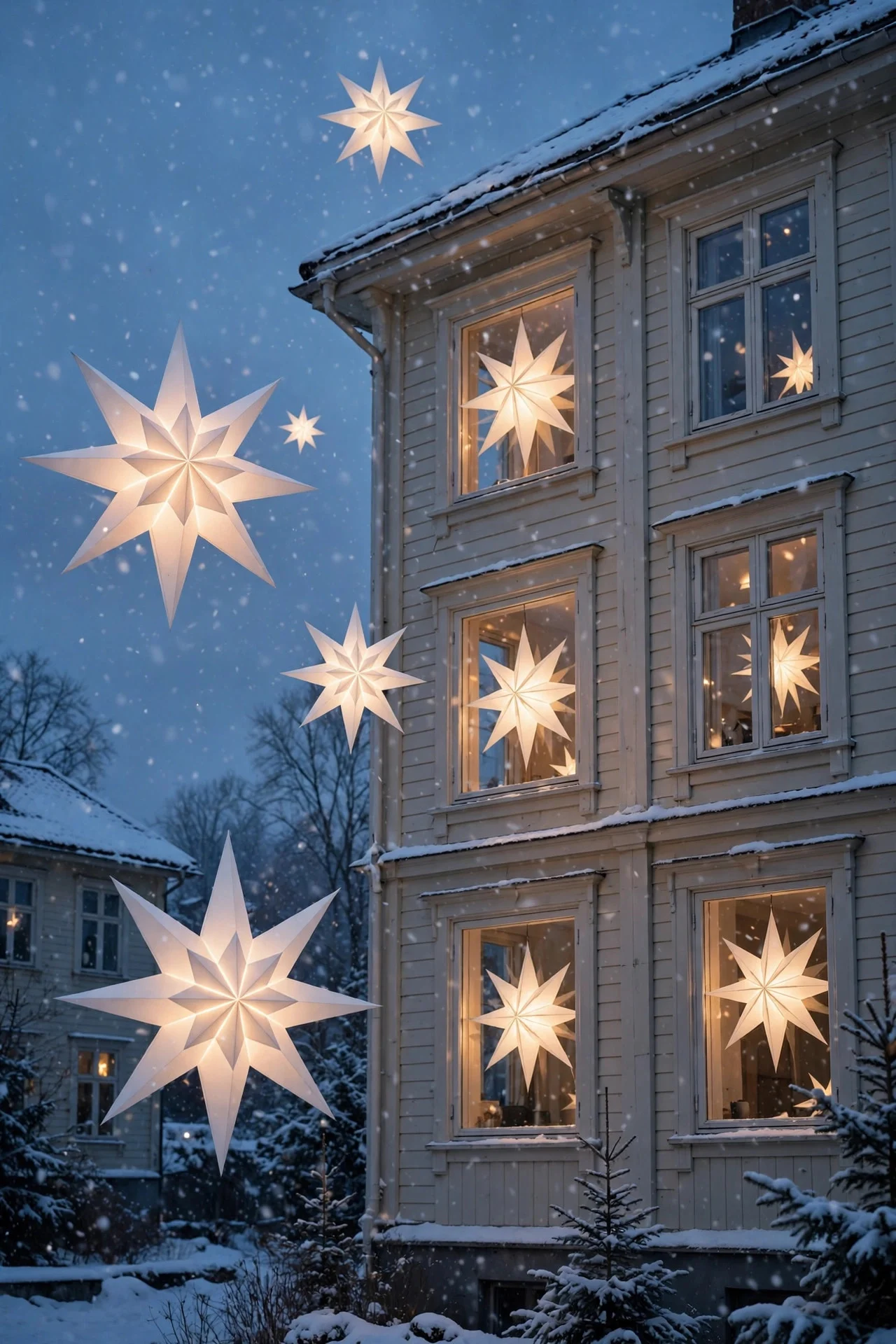 White paper stars glowing in windows at dusk