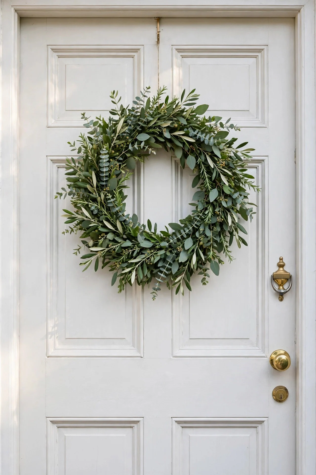 Single simple fresh wreath on a front door