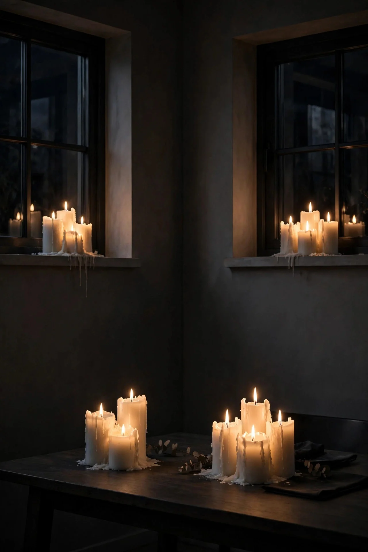 Clusters of white pillar candles glowing in a minimalist room