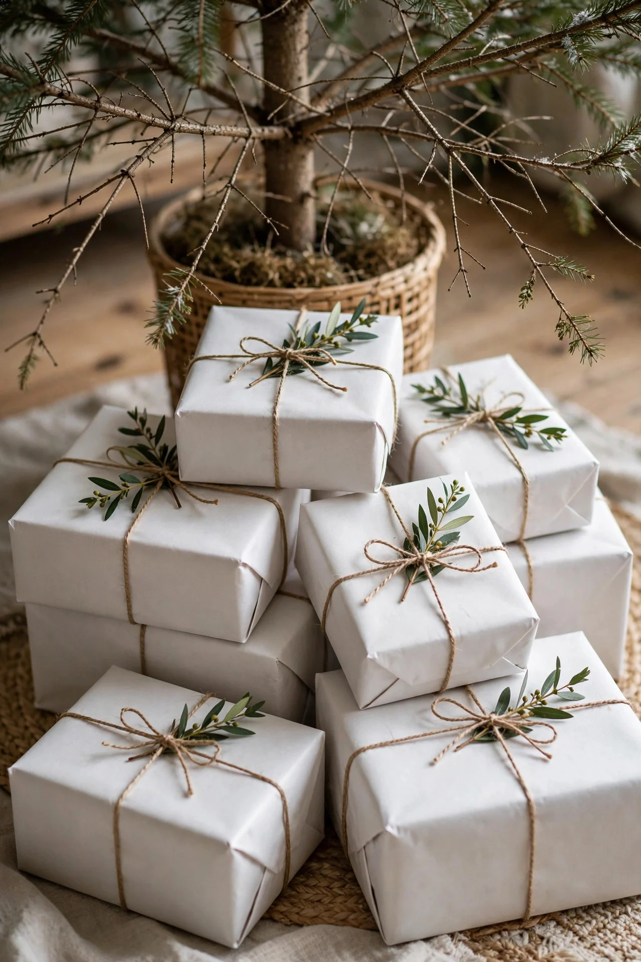 Gifts in plain white paper with twine under the tree