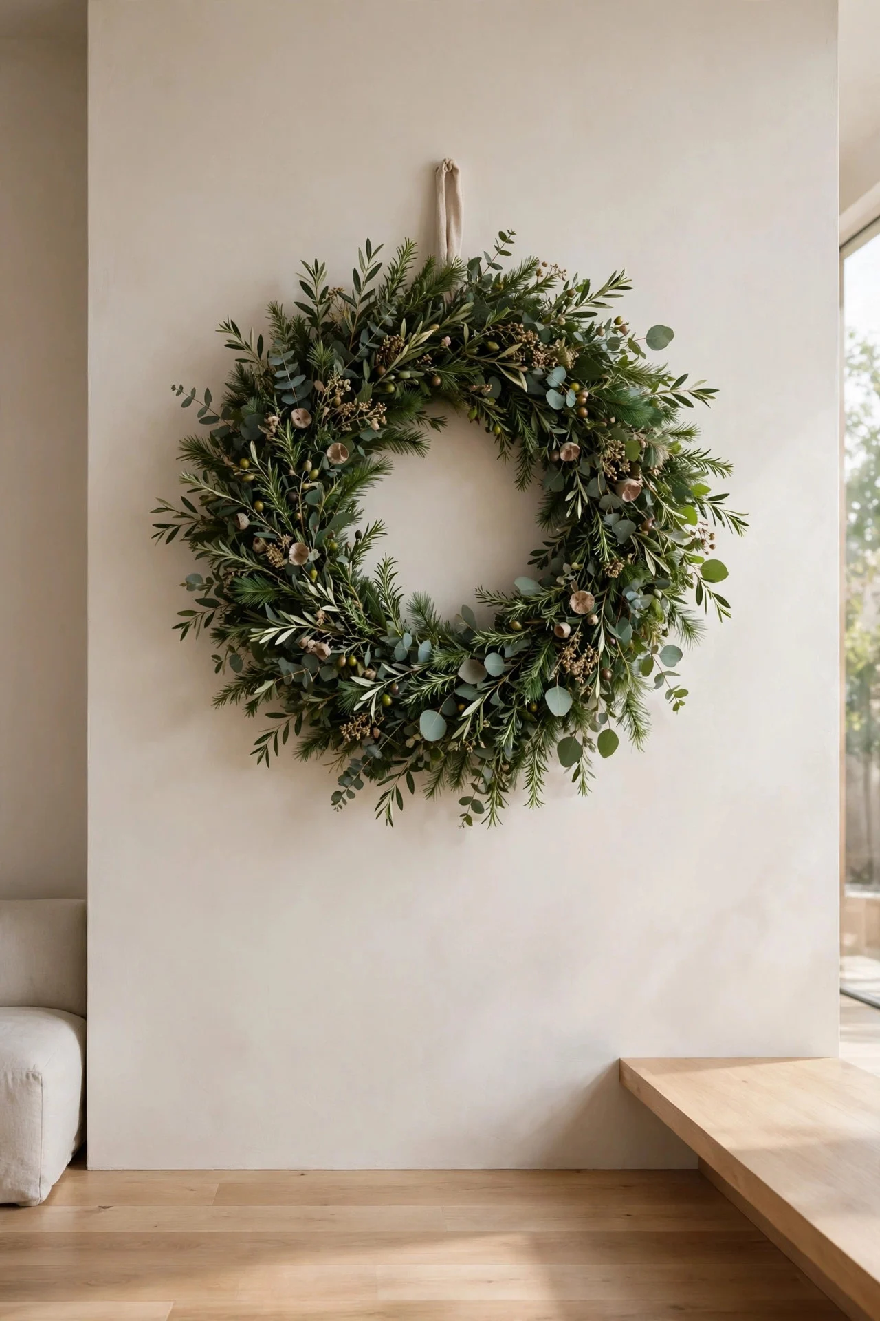 Oversized wreath as the single statement piece in a minimalist room