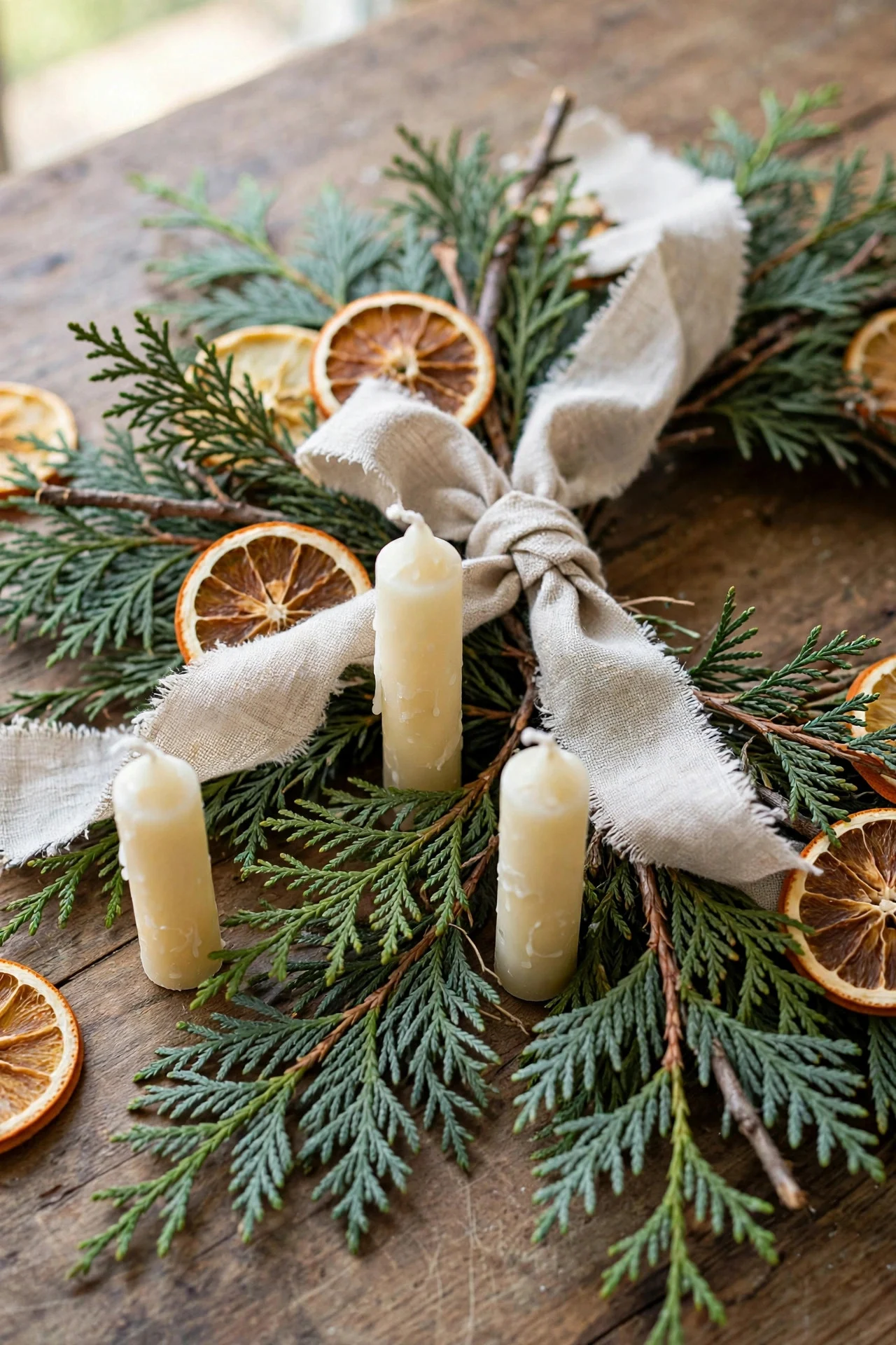 Natural Christmas materials on a wooden table