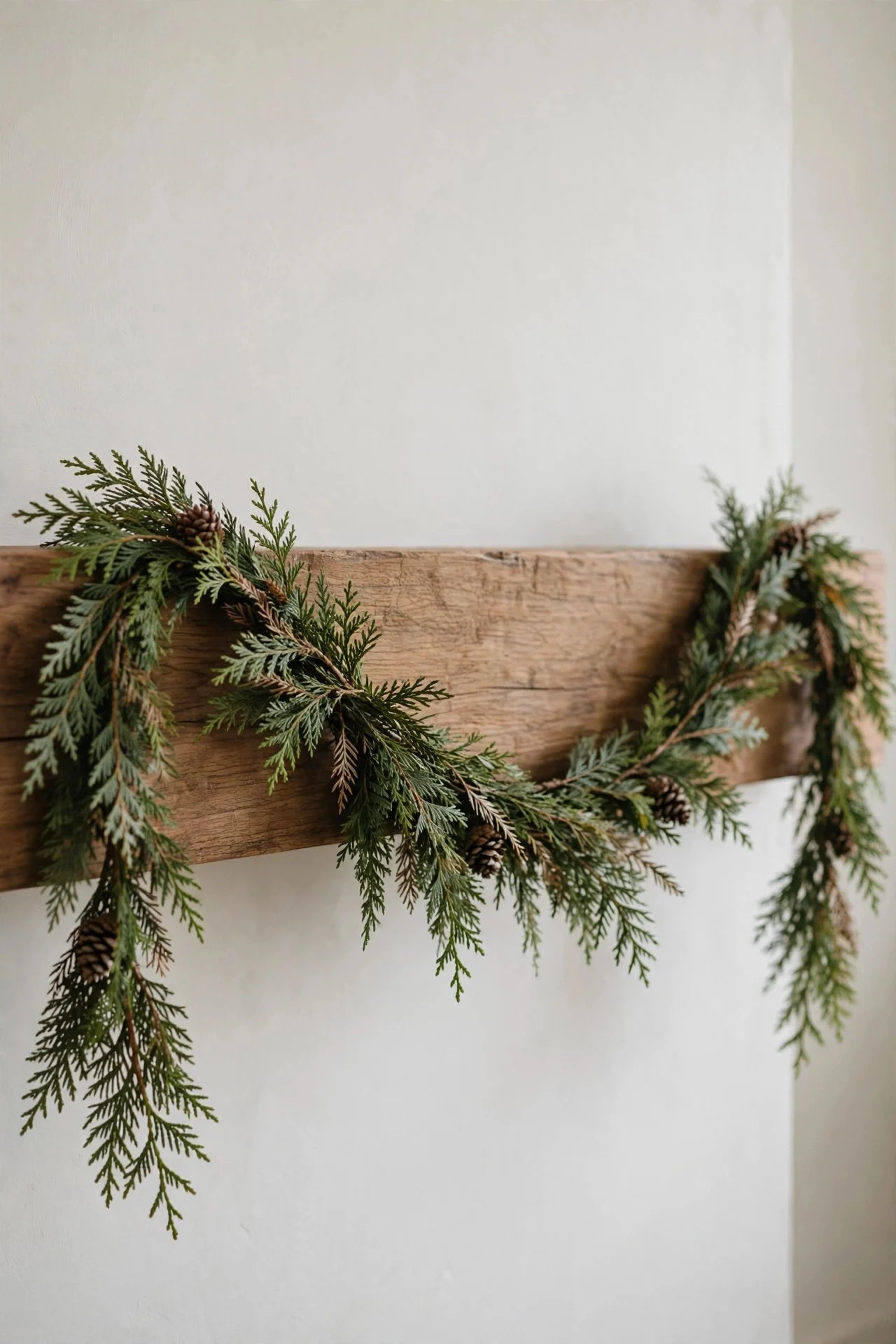 Single cedar garland draped across a mantel
