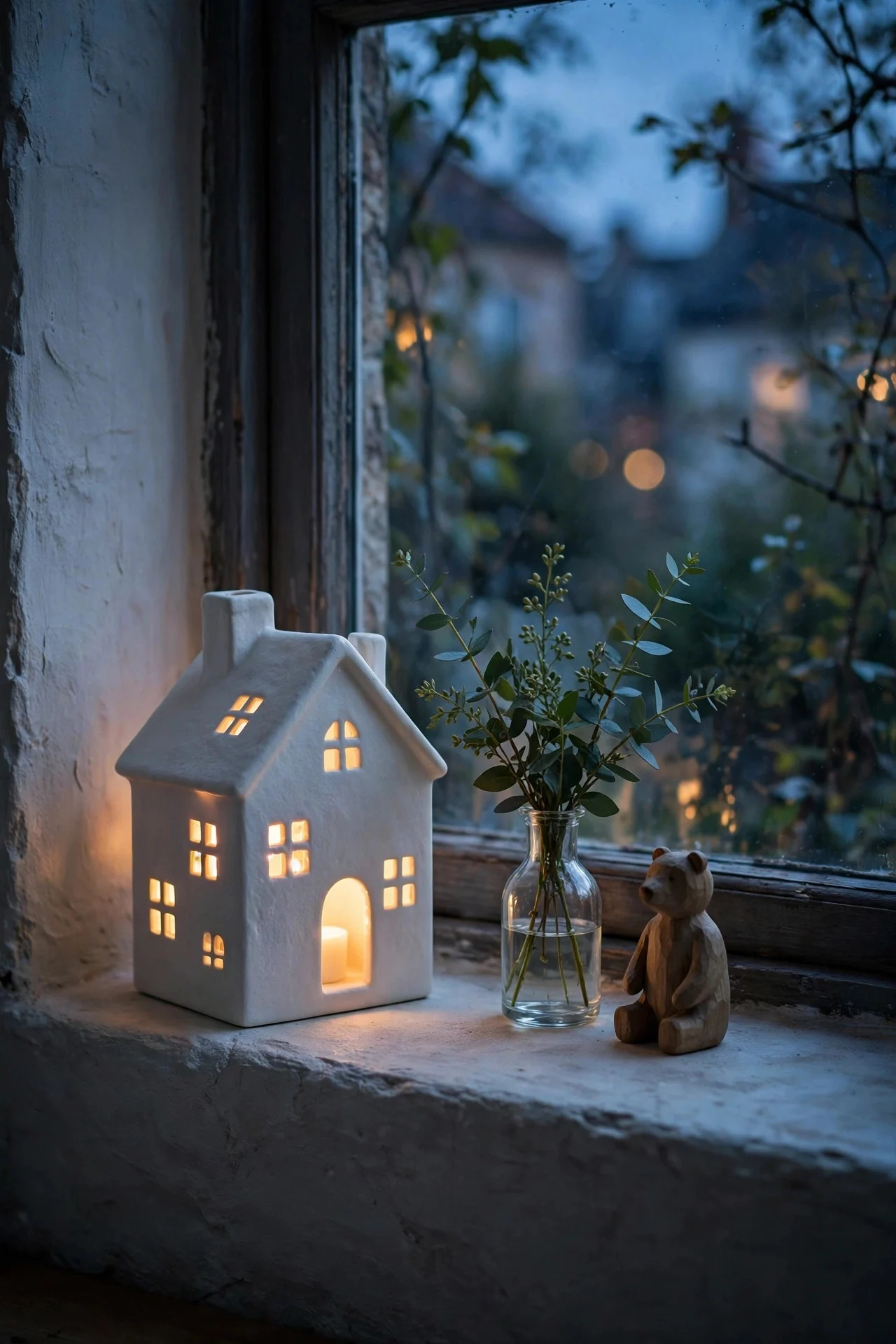 Scandinavian windowsill with glowing candle house