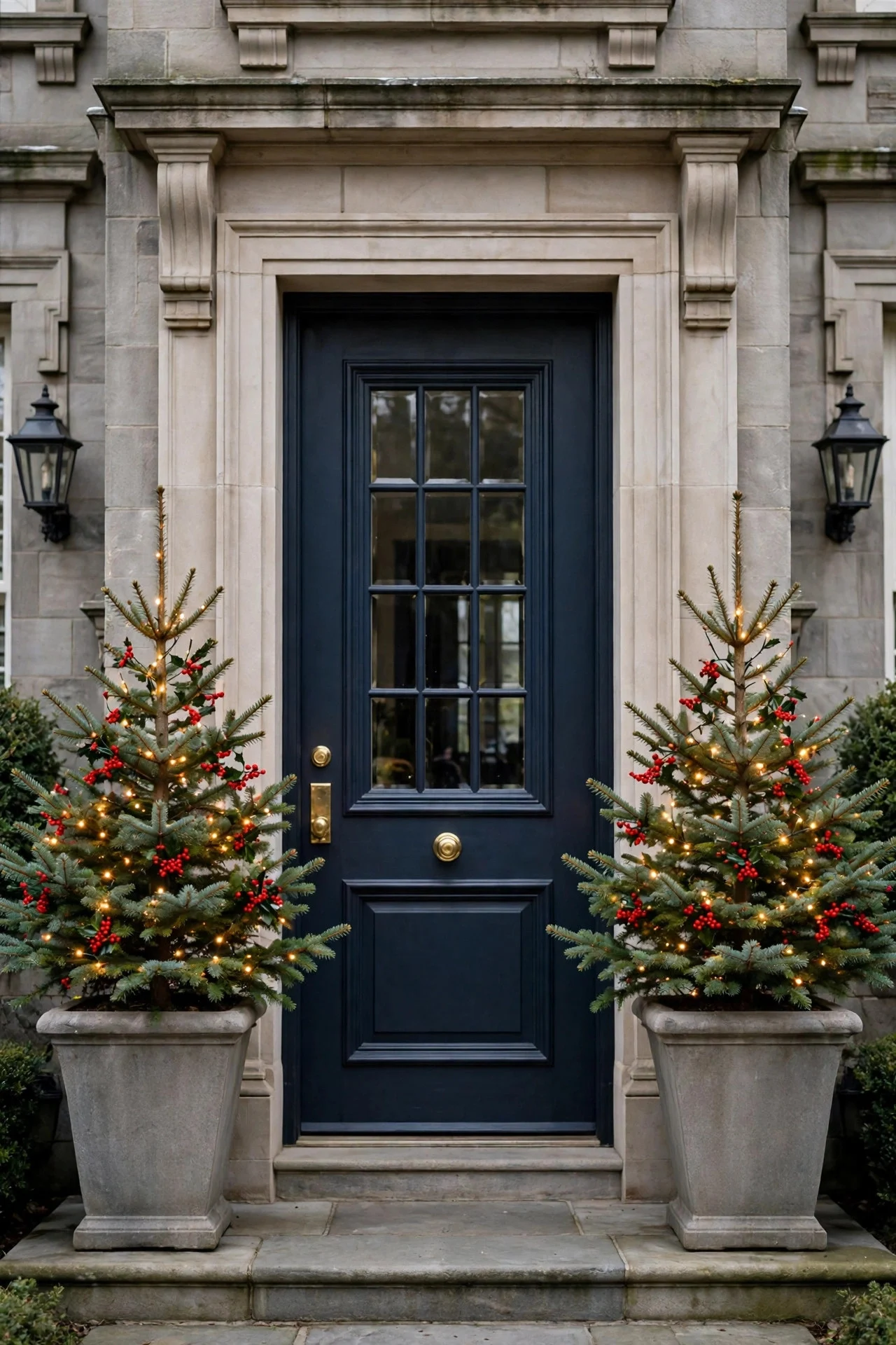 Matching evergreen planters flanking a front door