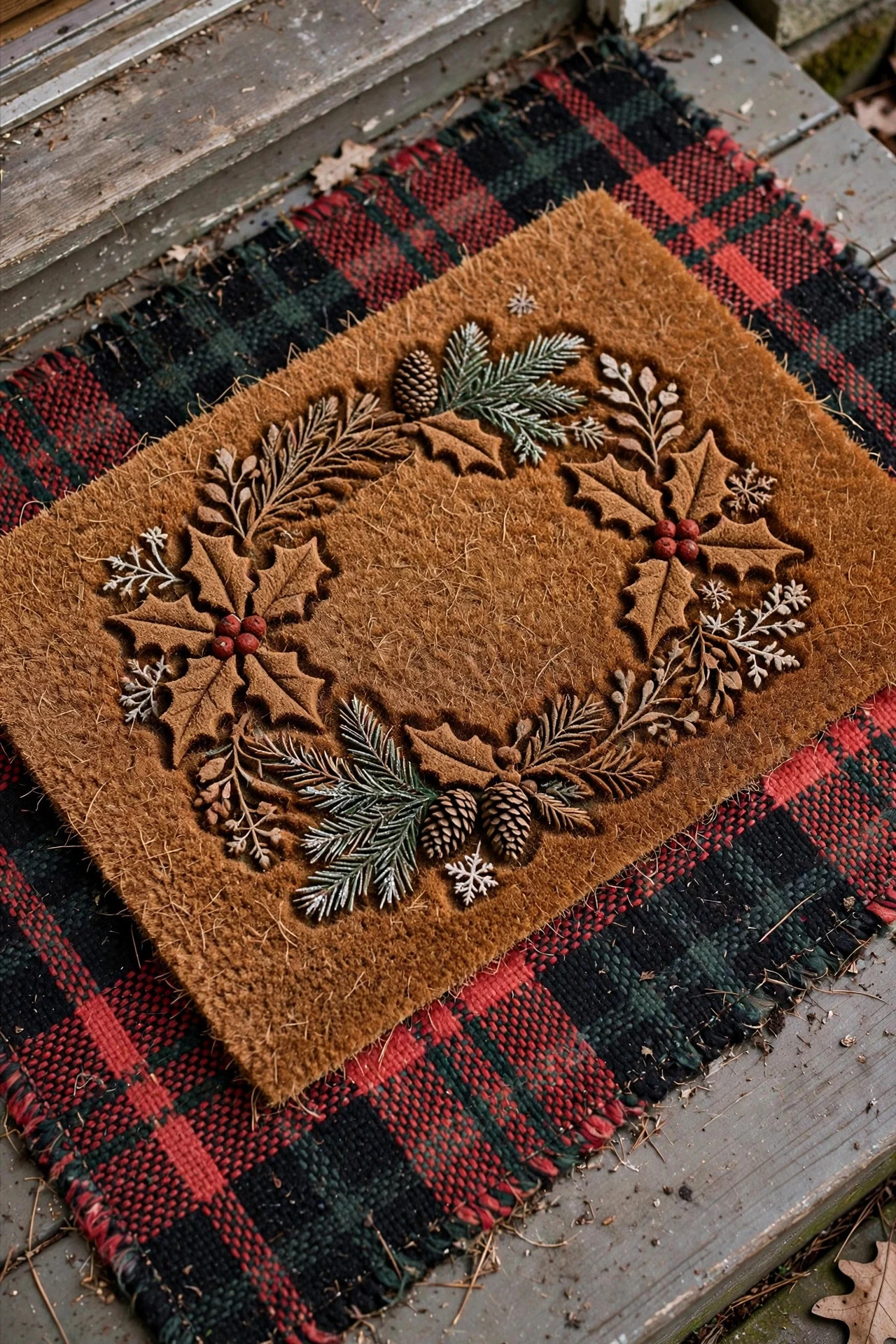 Layered doormats on a Christmas porch doorstep
