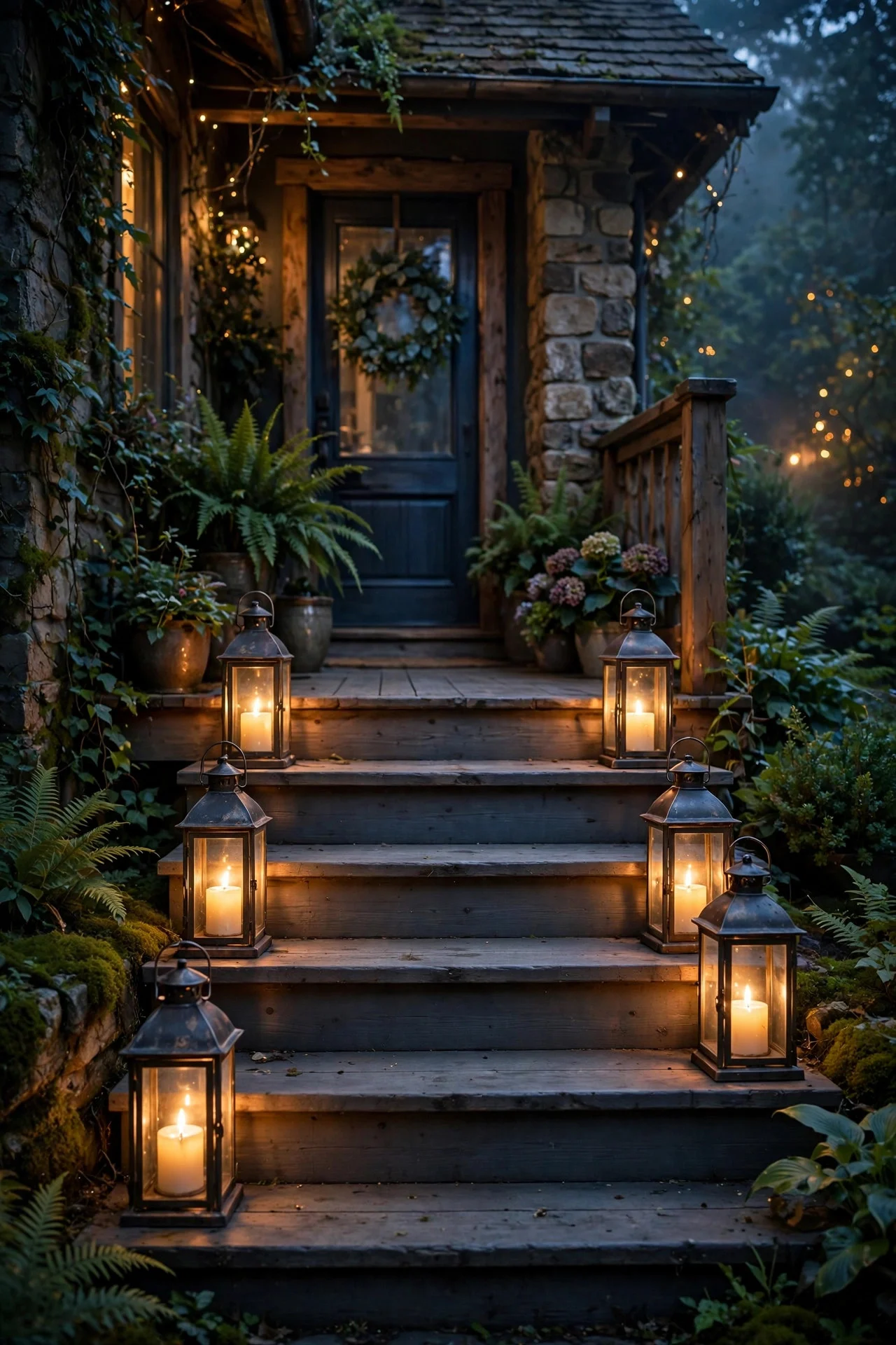 Glowing lanterns lining porch steps at night