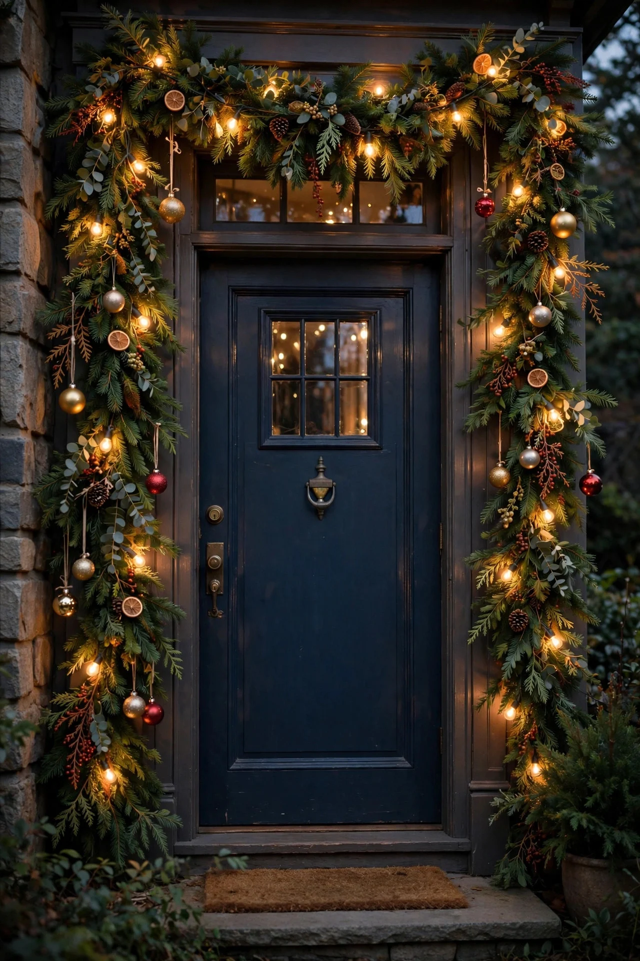 Garland framing a front doorway with lights
