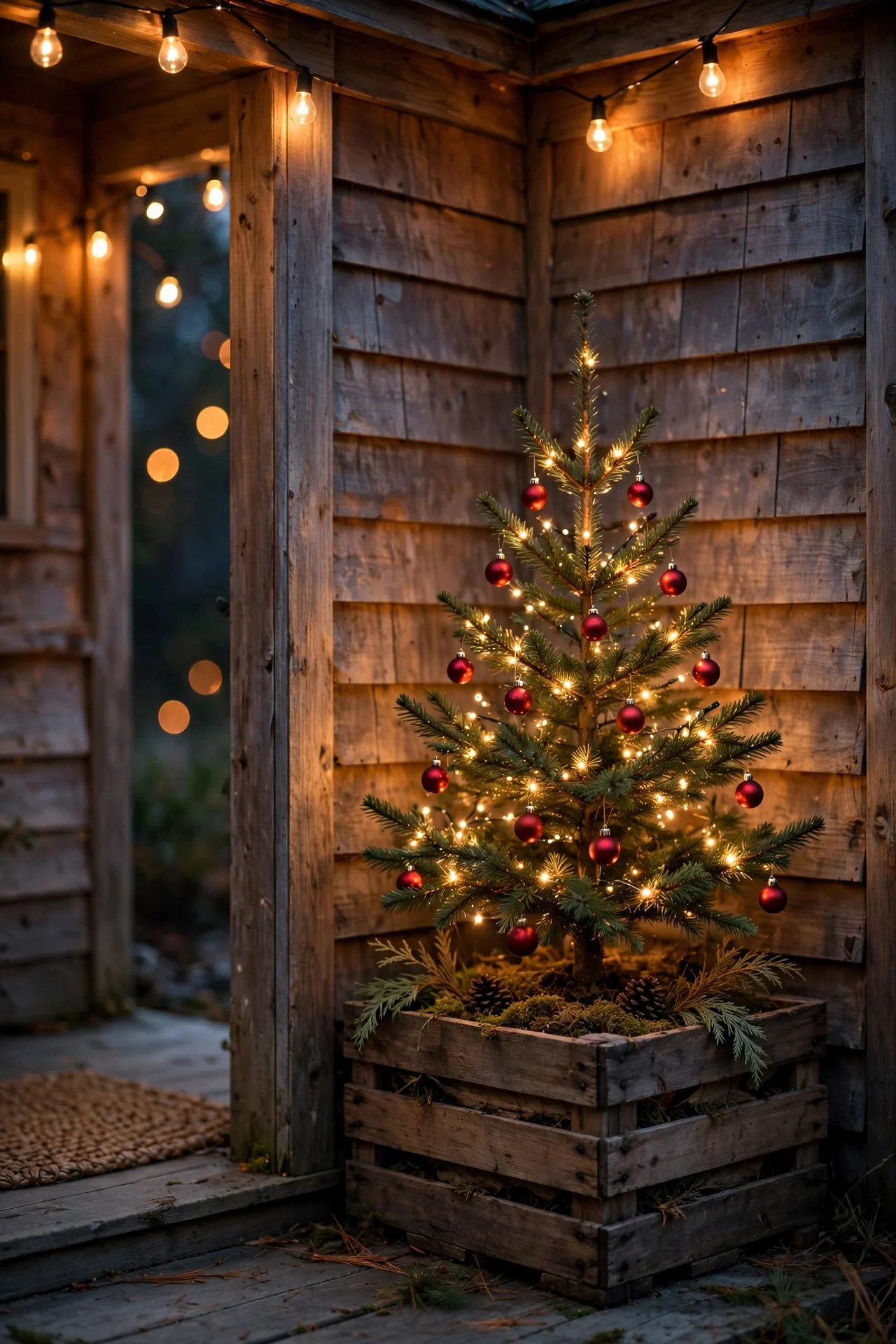 Small lit Christmas tree in a crate on a porch