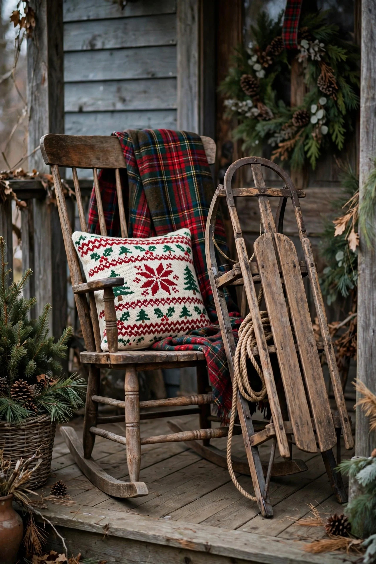 Rocking chair dressed for Christmas with vintage sled