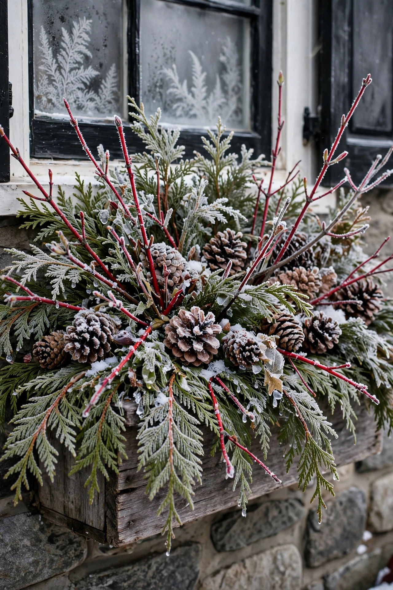 Window boxes filled with winter greenery