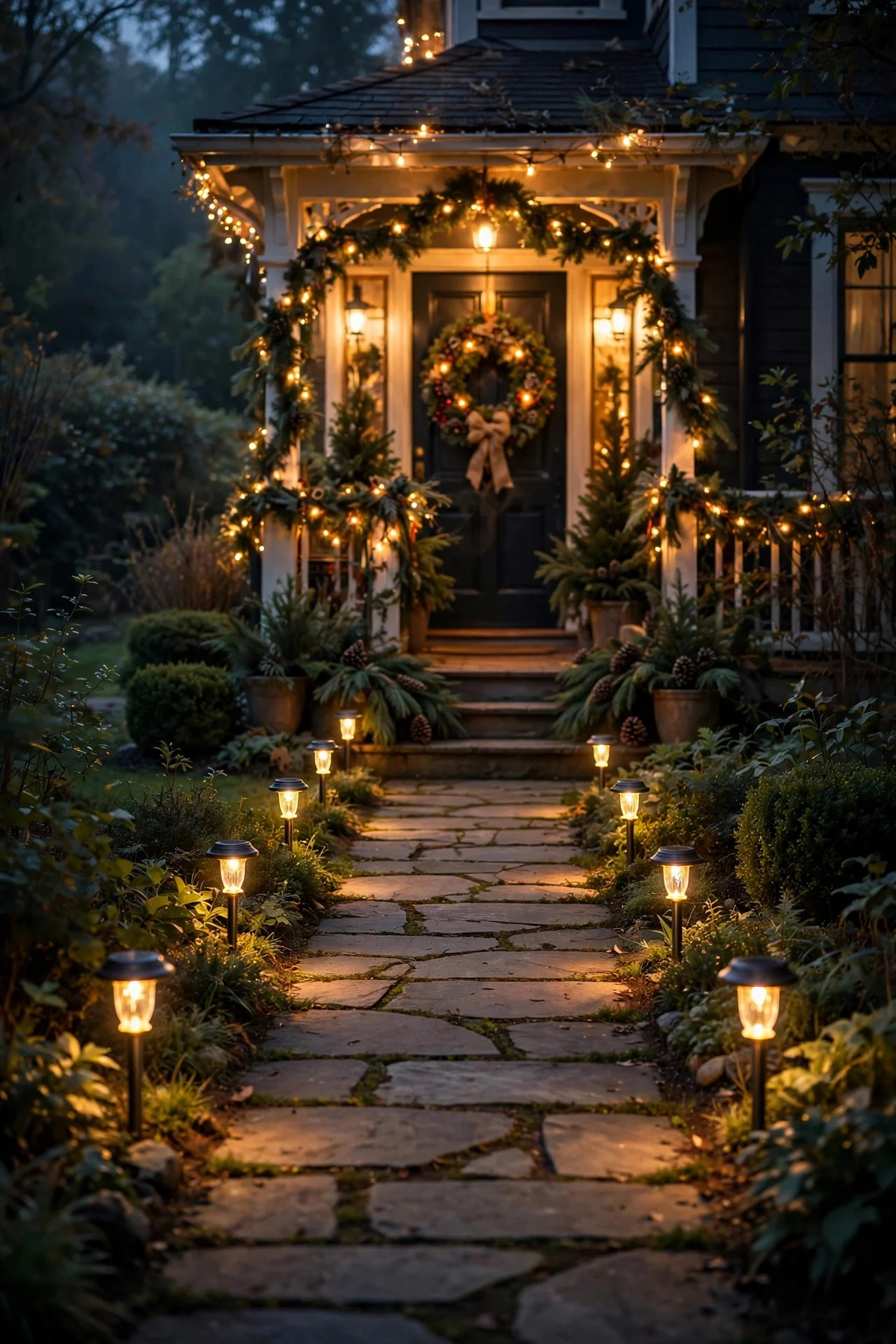 Lit walkway leading to a Christmas porch