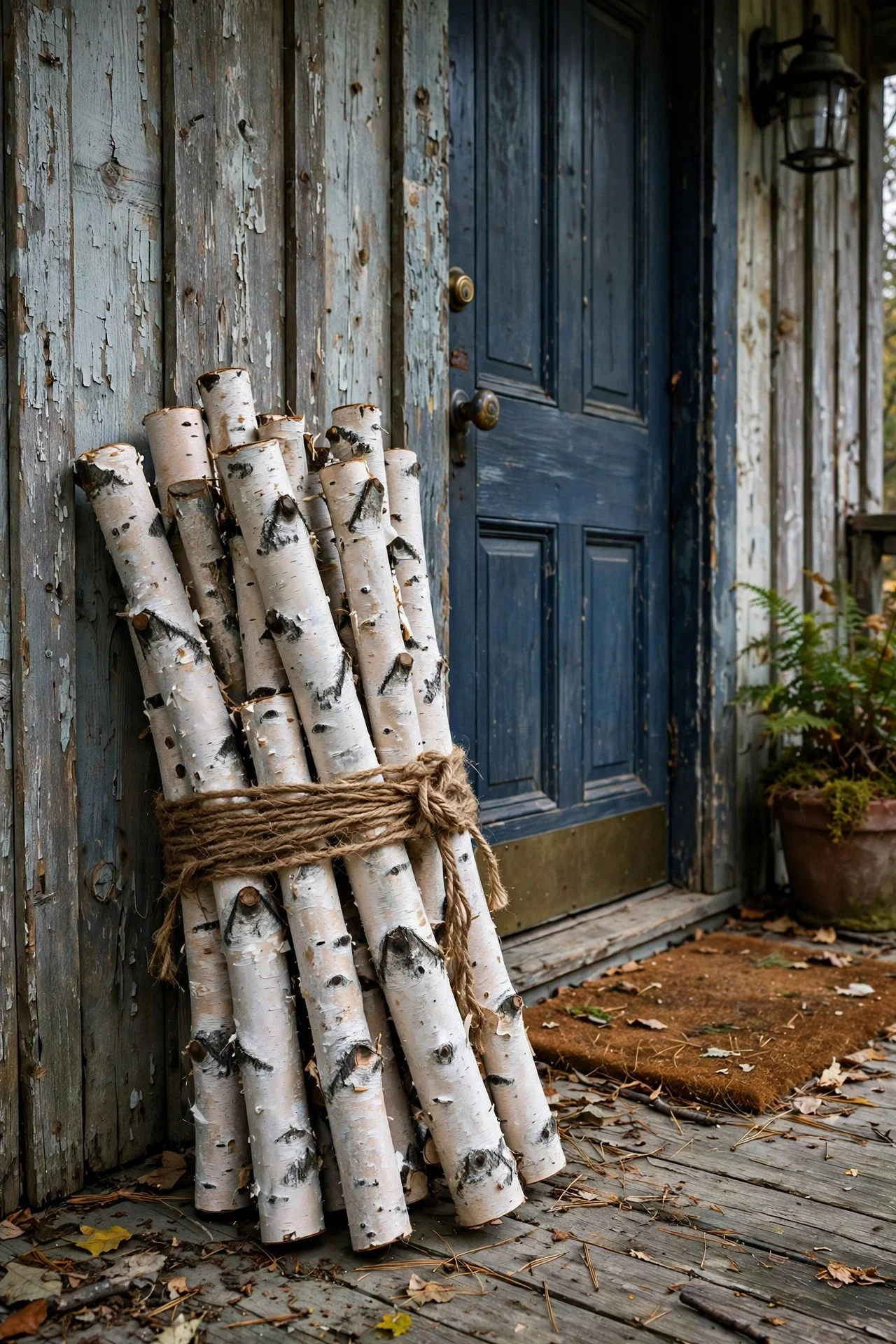 Bundle of birch logs by a front door