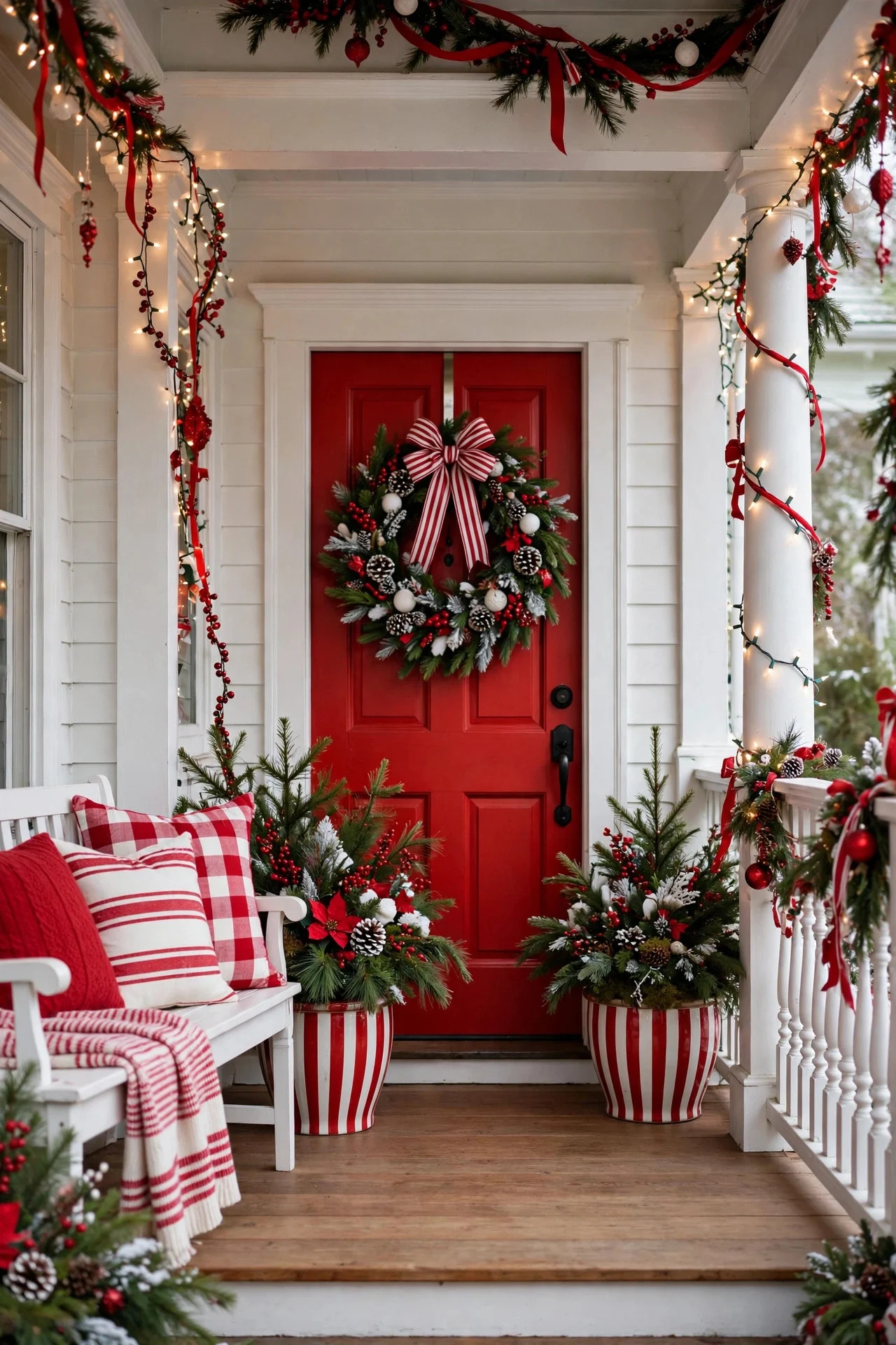 Porch in a coordinated red and white Christmas scheme