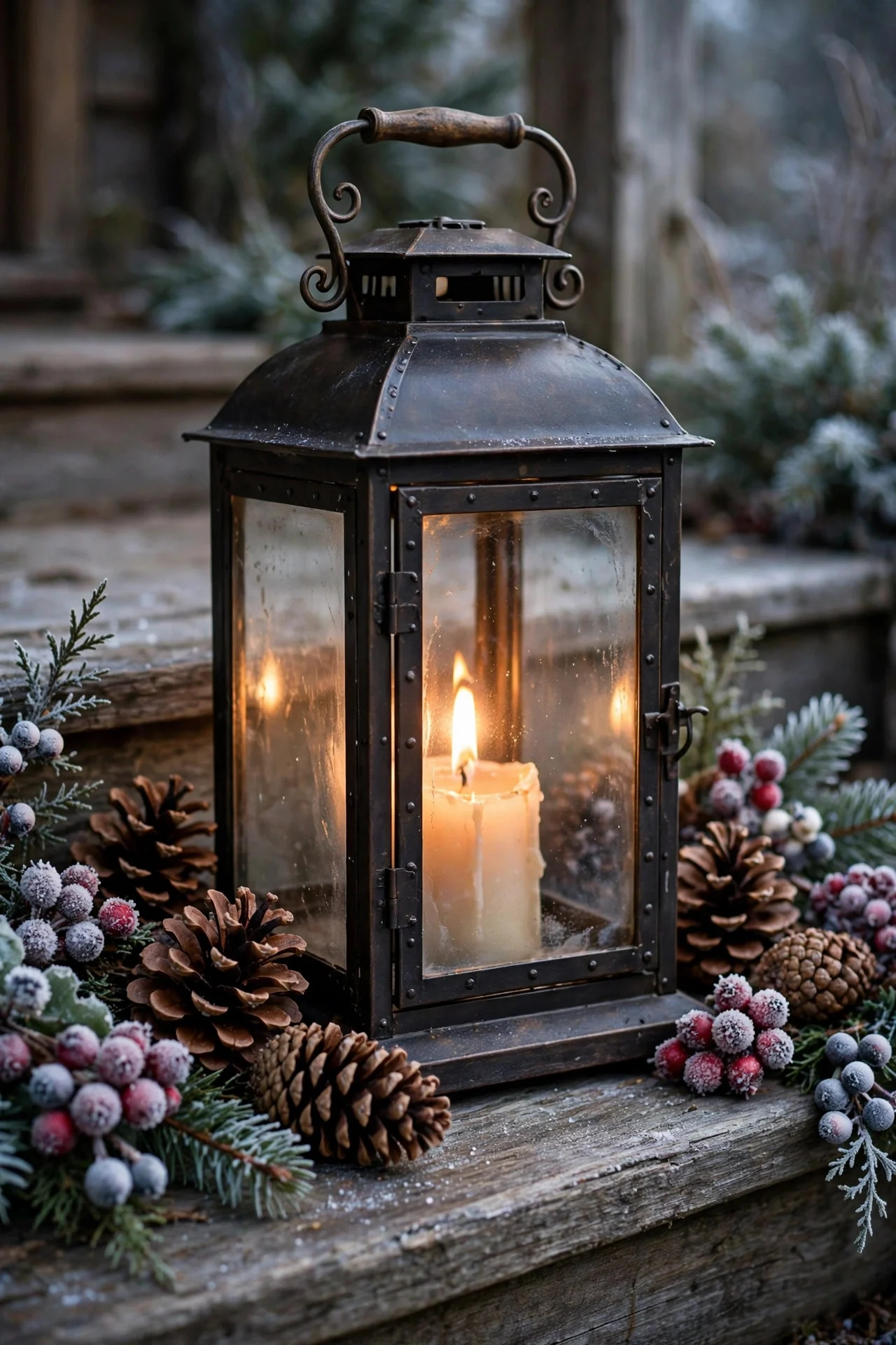 Porch glowing with warm-white Christmas lights