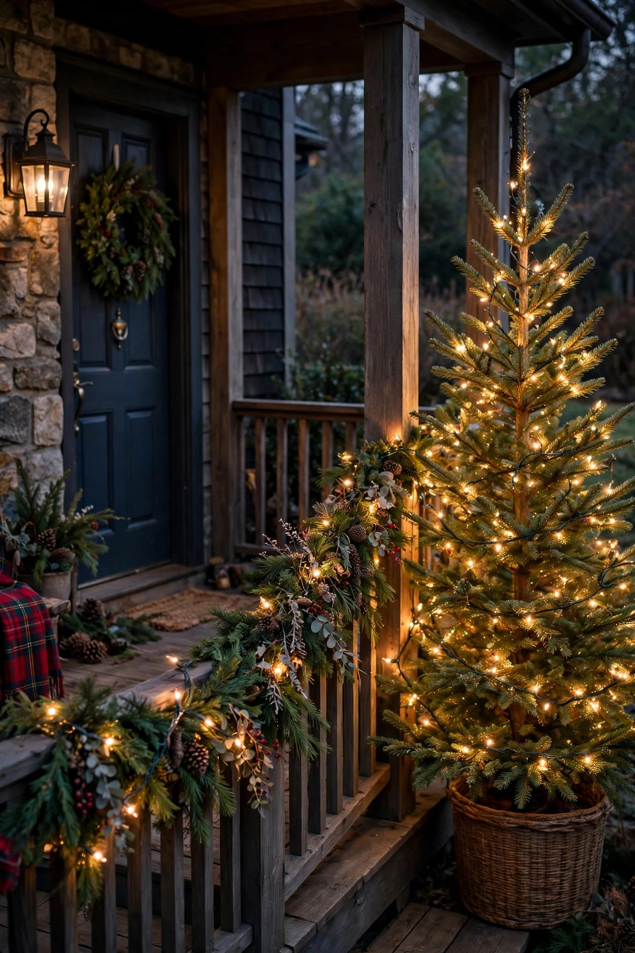 Hanging baskets with winter greenery by a front door