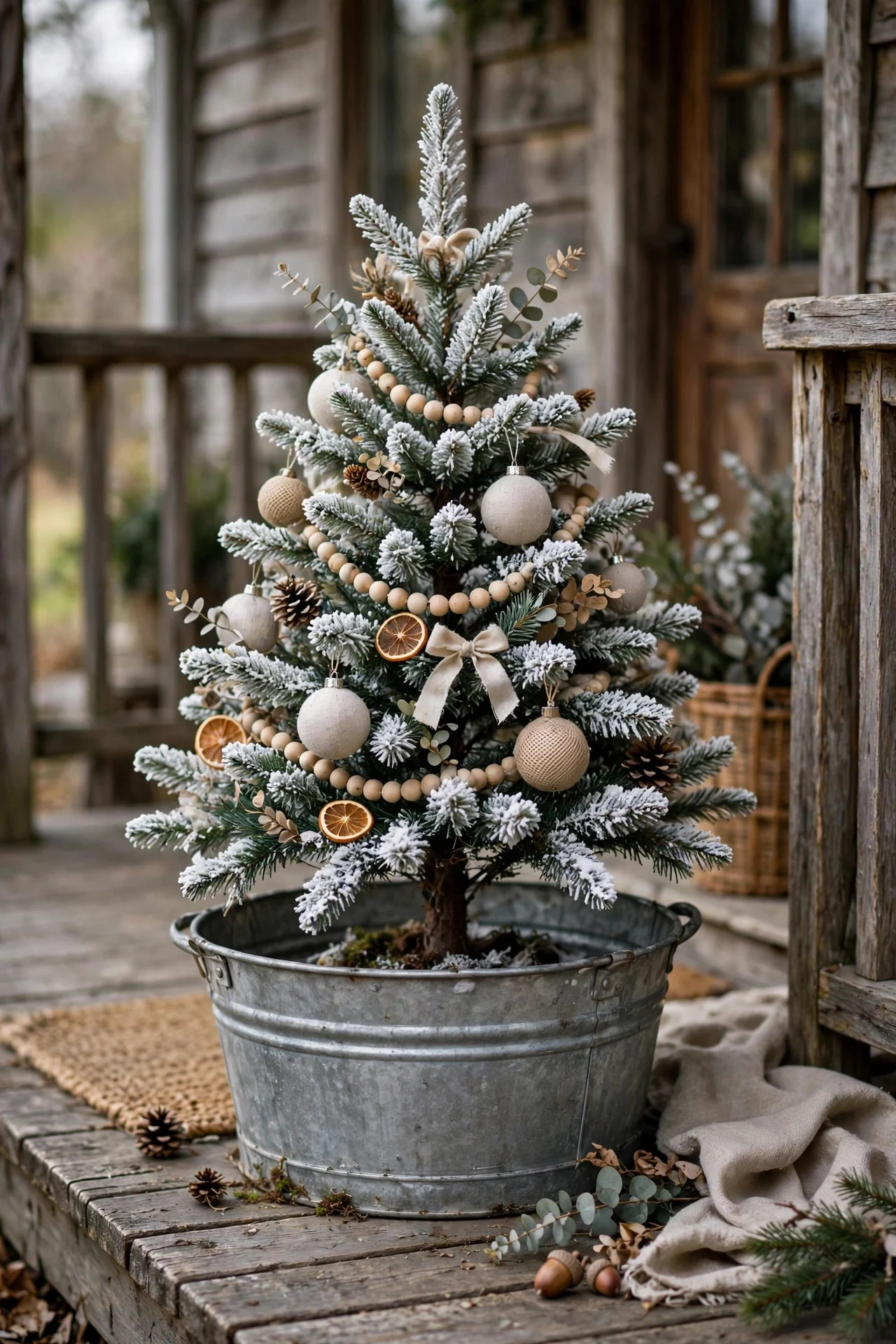 Porch railings wrapped in lit garland with bows
