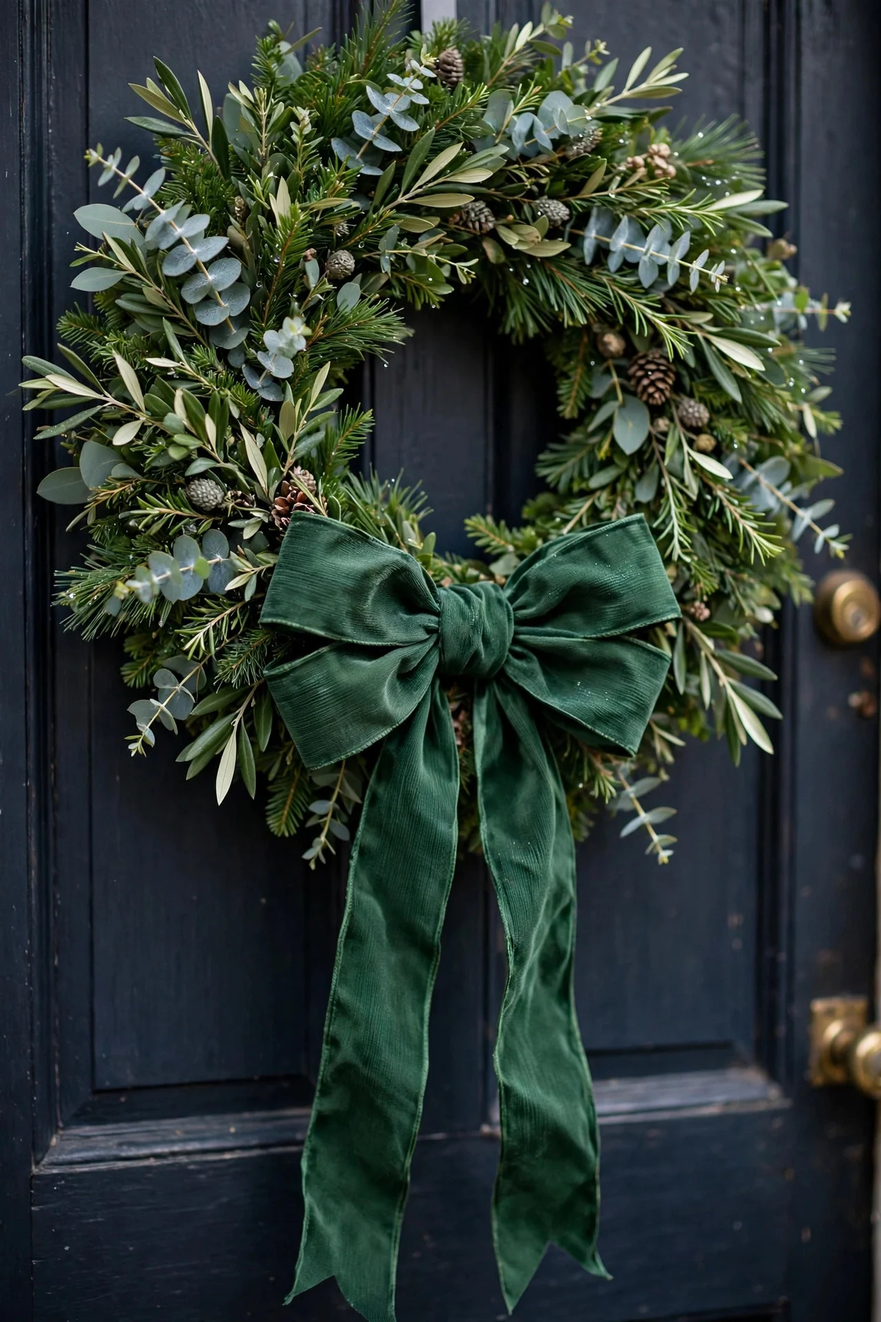 Wreath with oversized bow on a front door
