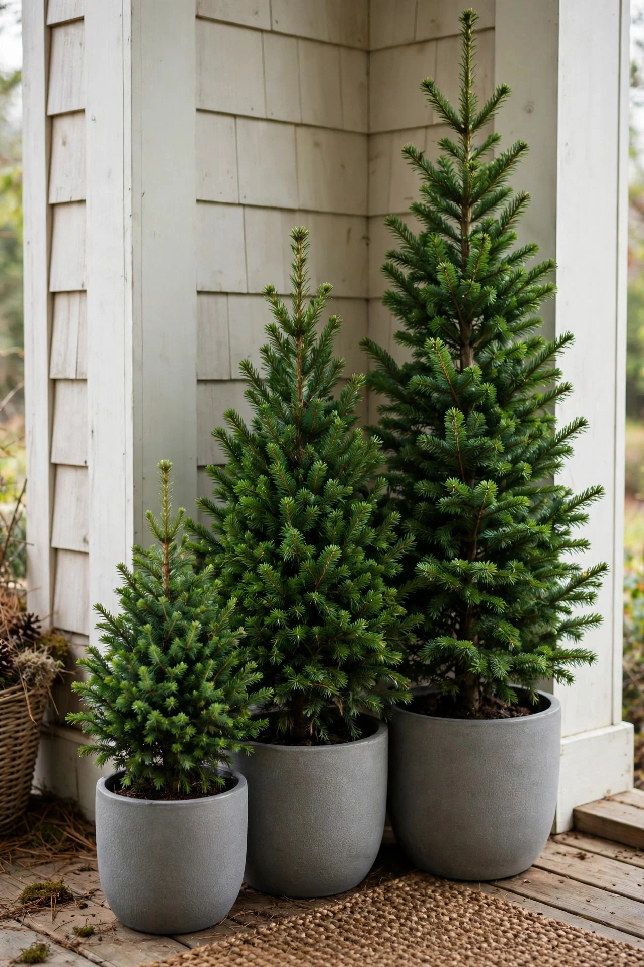 Trio of evergreens in graduated heights on a porch