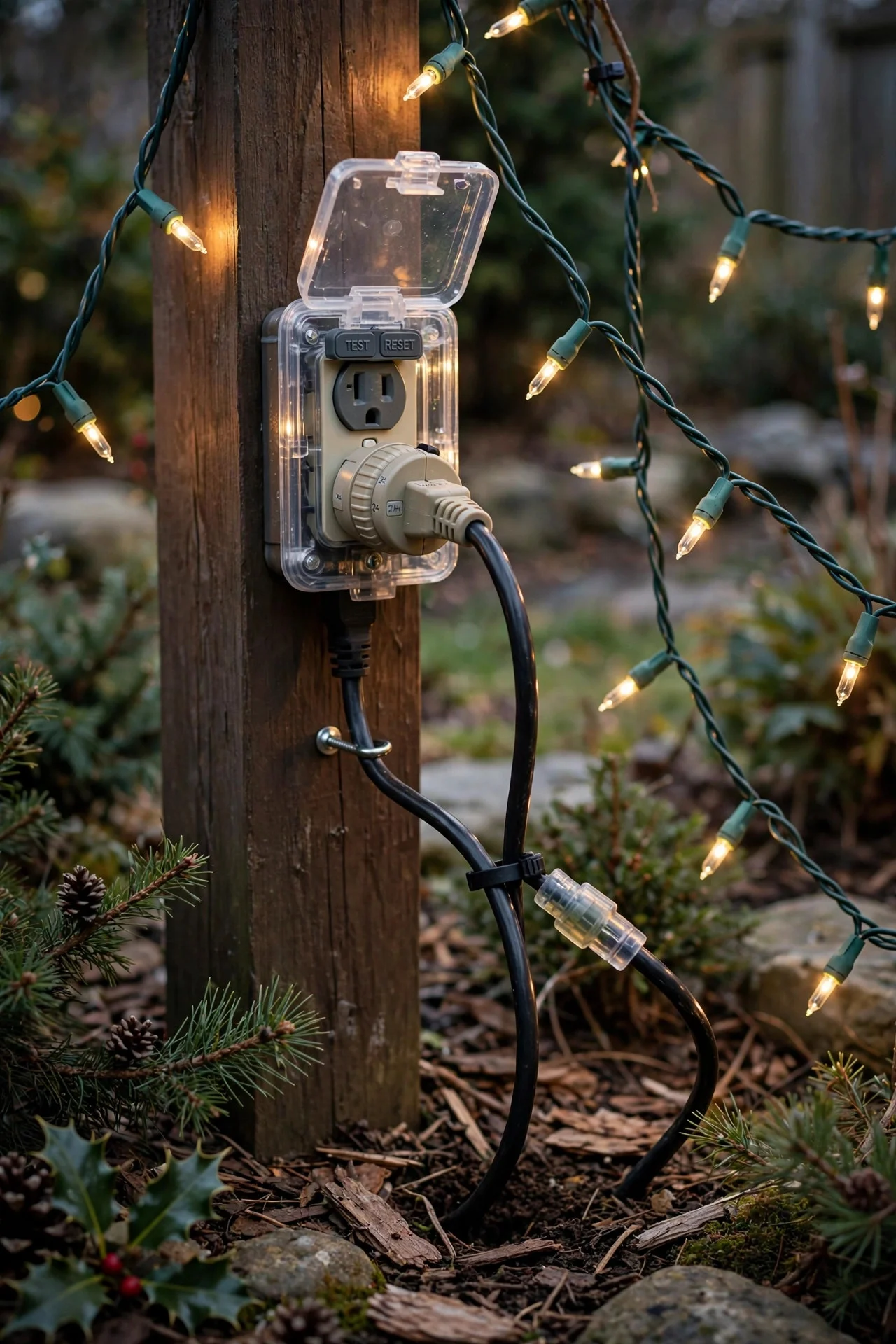 Outdoor Christmas lights on a timer plug
