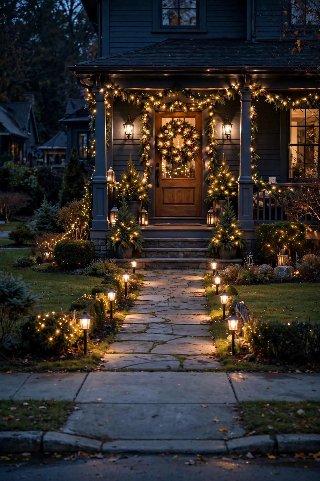 Christmas porch viewed from the sidewalk at night