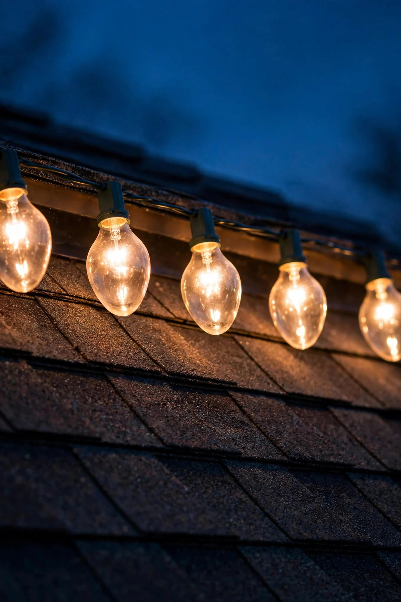 Warm-white C9 Christmas lights along a roofline at dusk