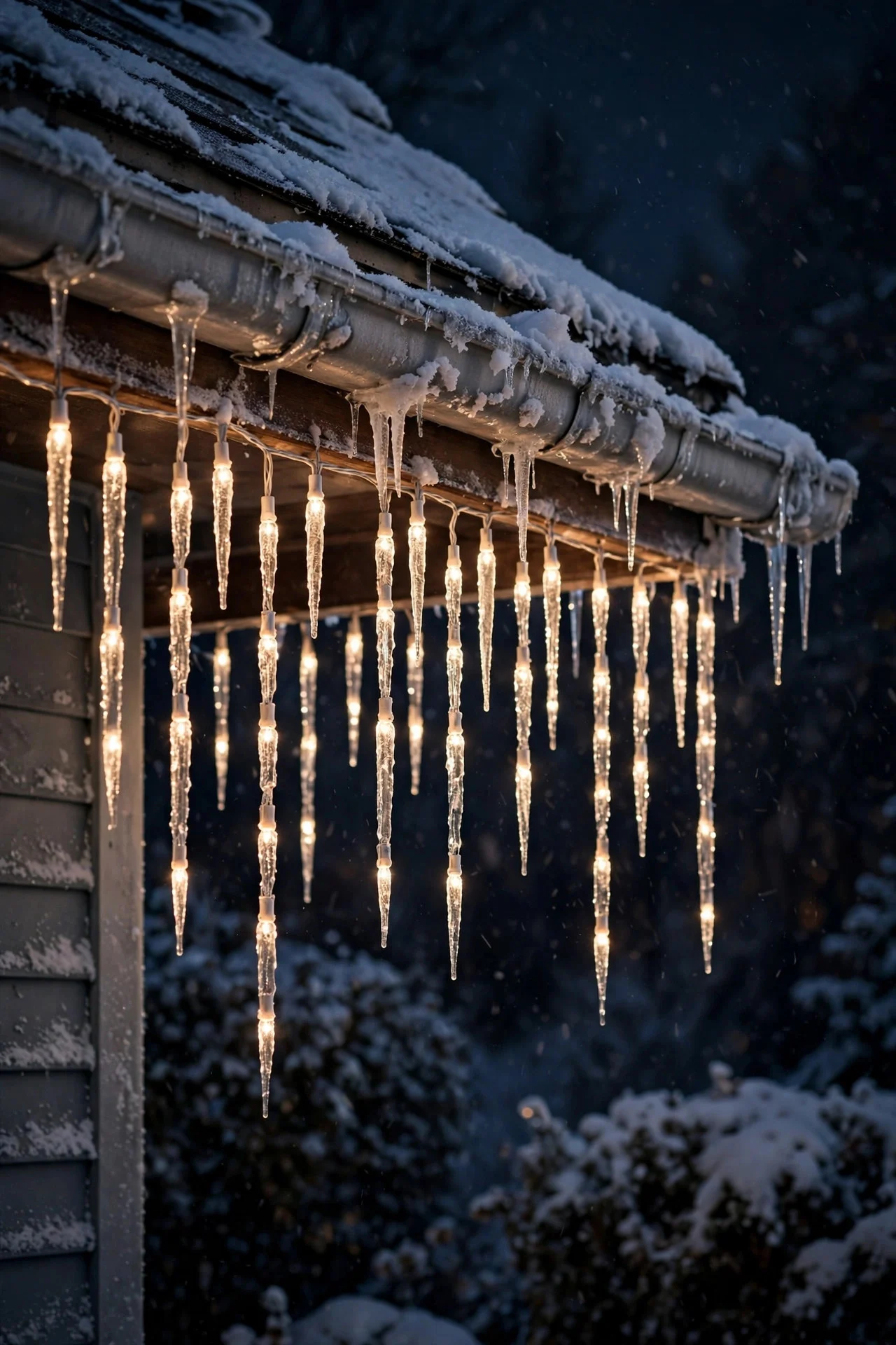 Icicle Christmas lights hanging from eaves at night