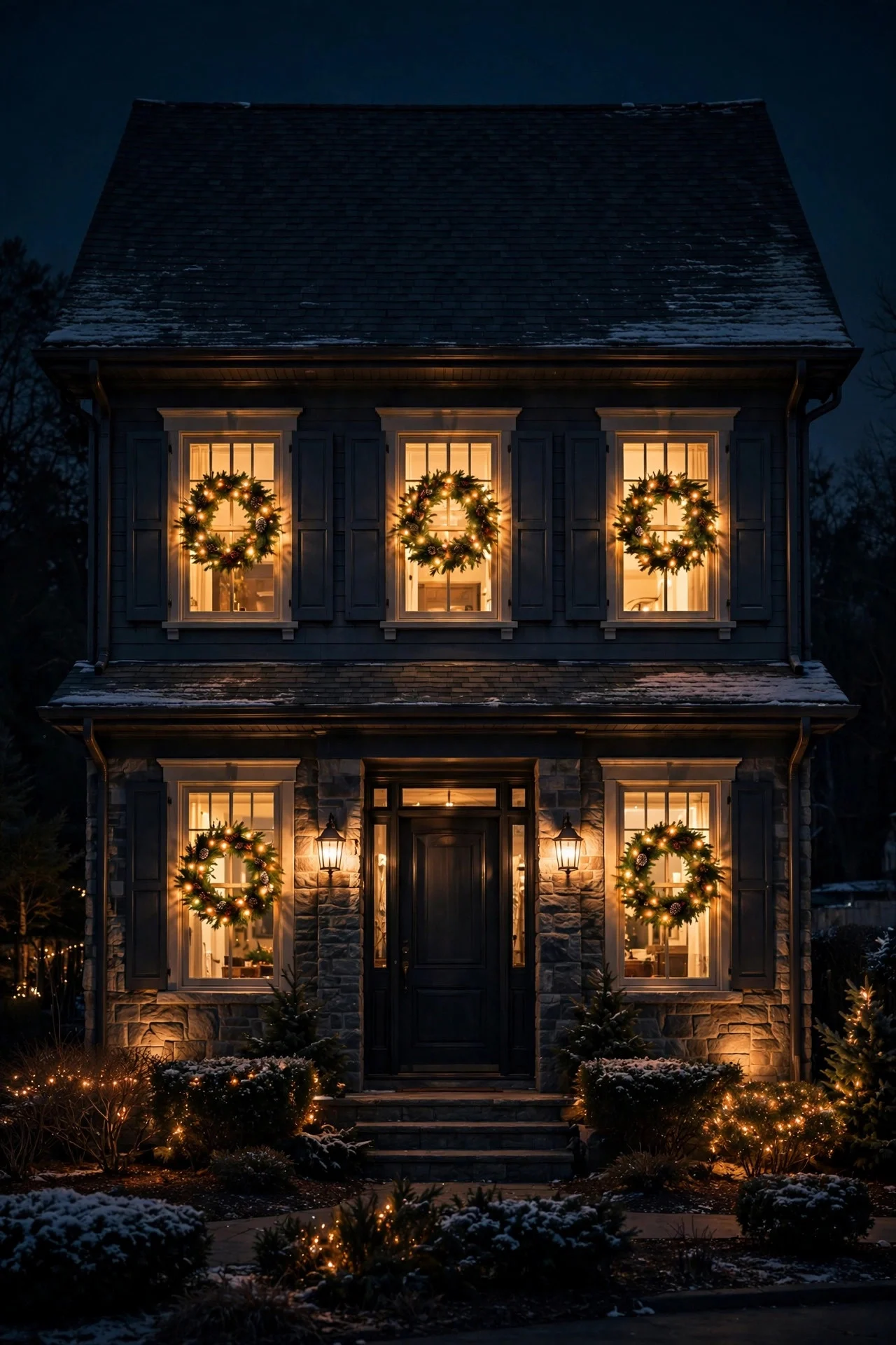 Lit Christmas wreaths glowing in front windows at night