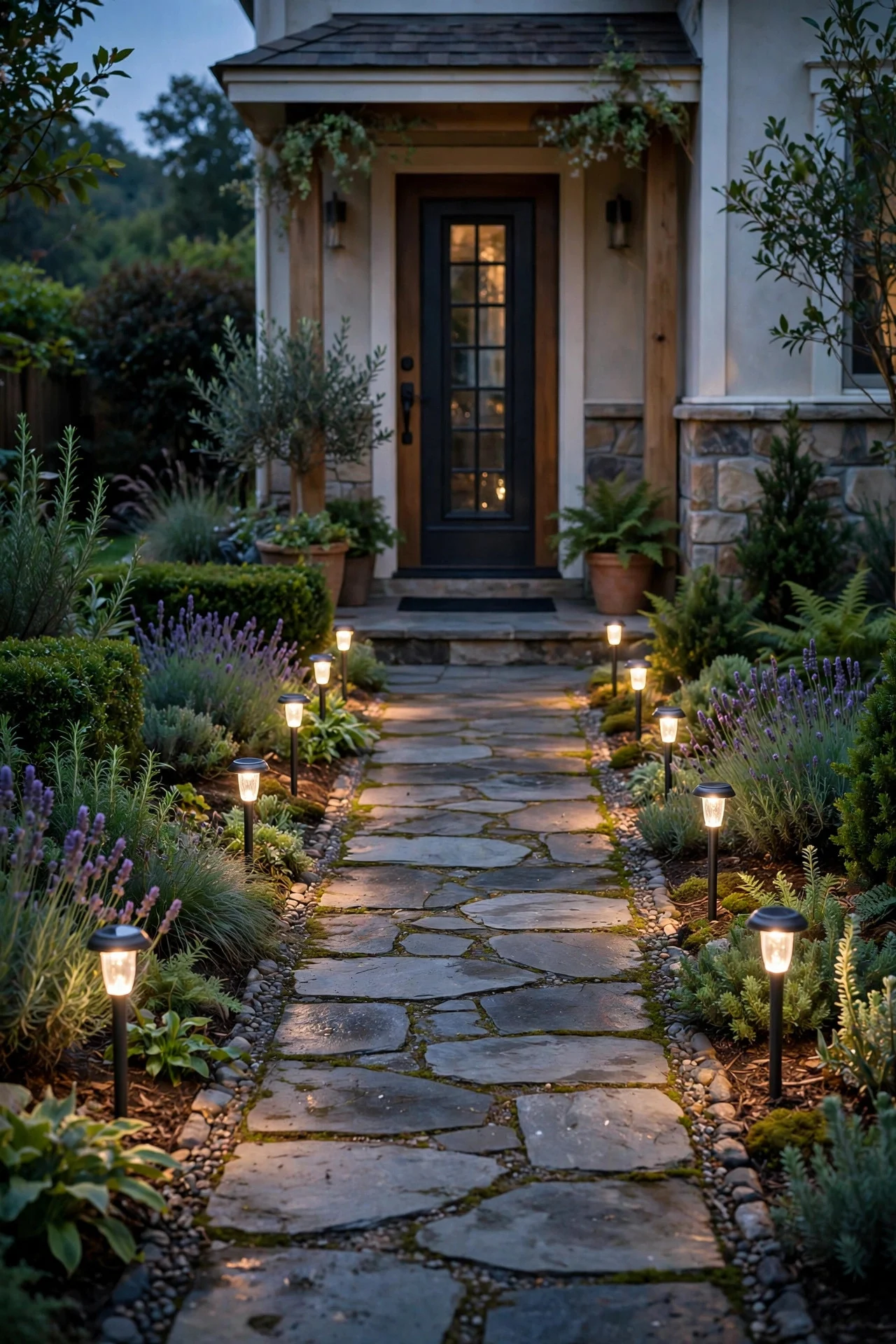 Solar pathway lights lining a walkway at dusk