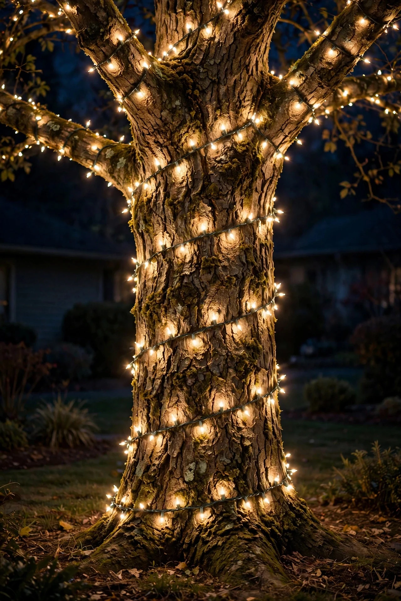 Tree trunk spiral-wrapped with Christmas lights at night