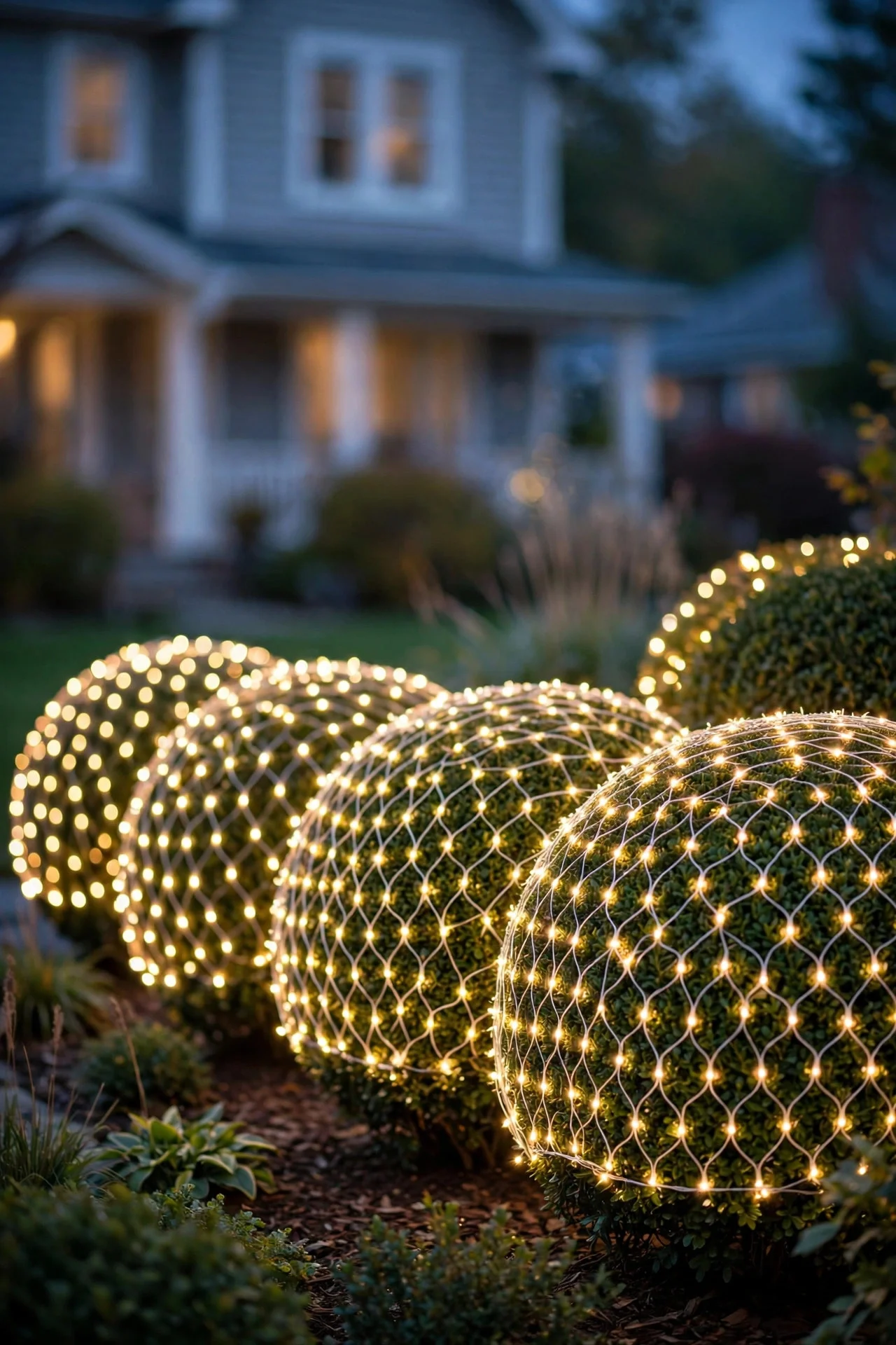 Shrubs covered with net Christmas lights glowing at dusk