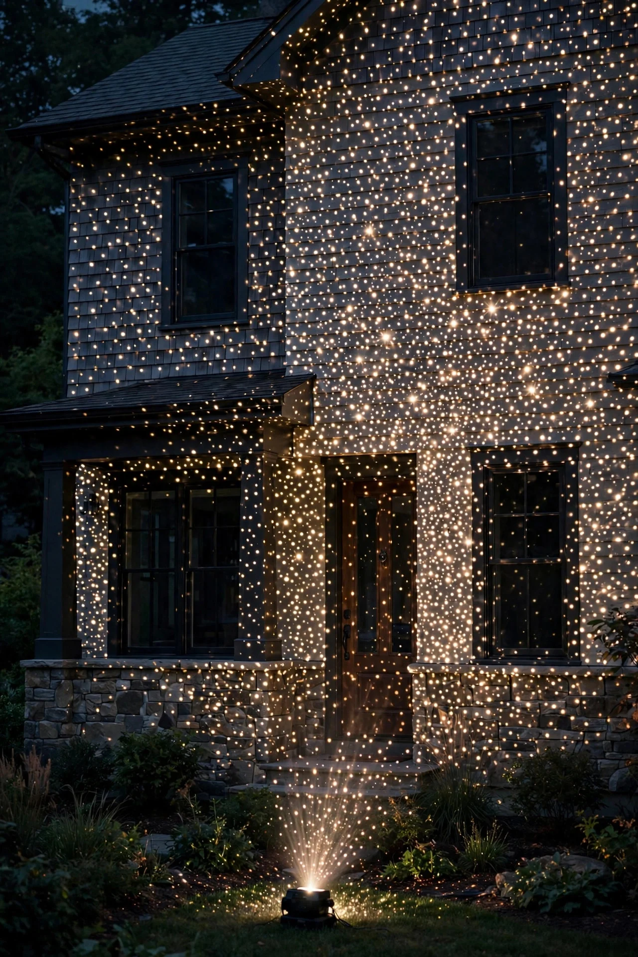 Christmas light projector dots covering a house facade at night