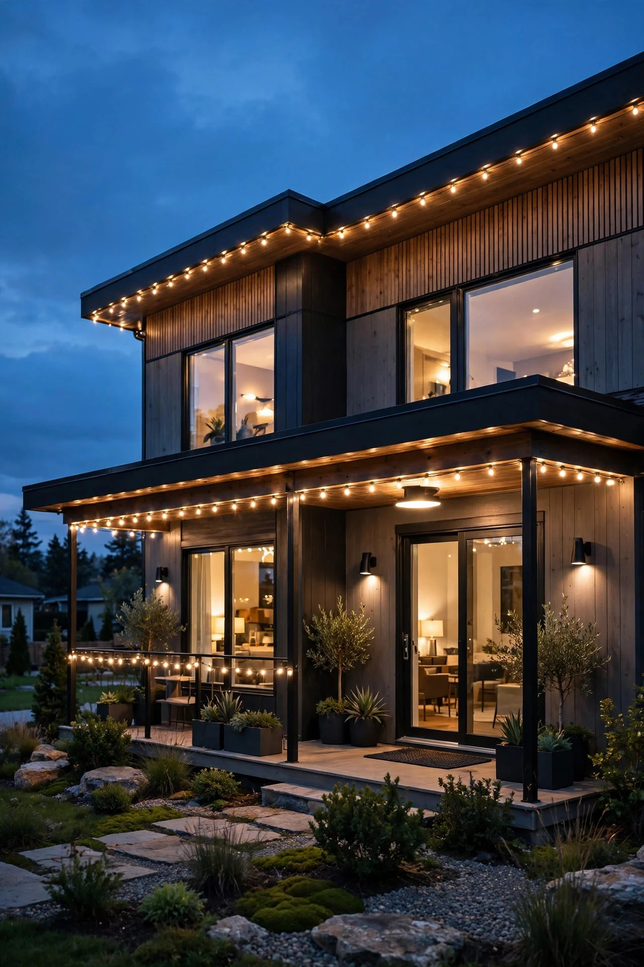 Smart outdoor Christmas lights glowing on a house at dusk