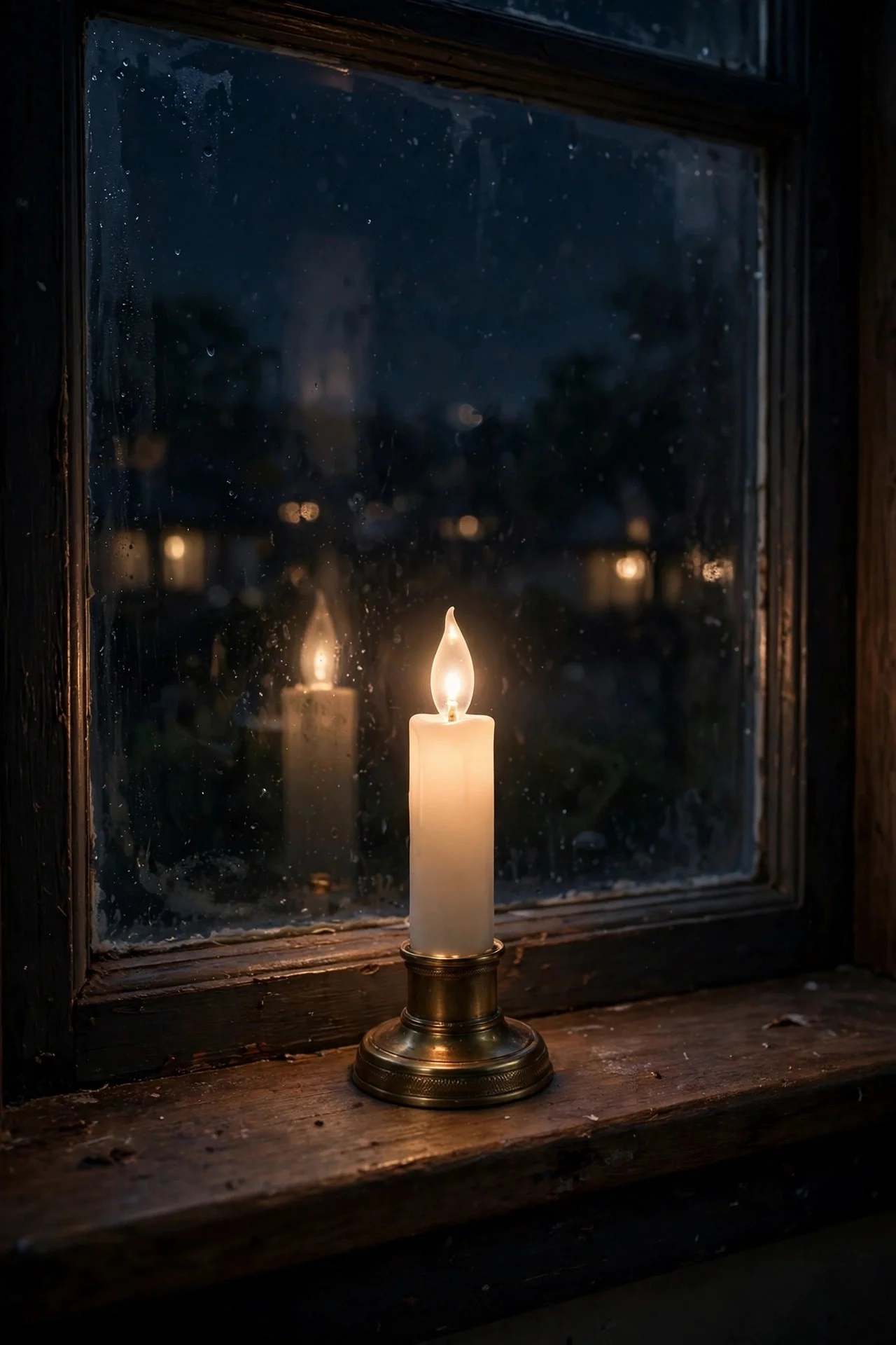 Electric window candle glowing in a window at night