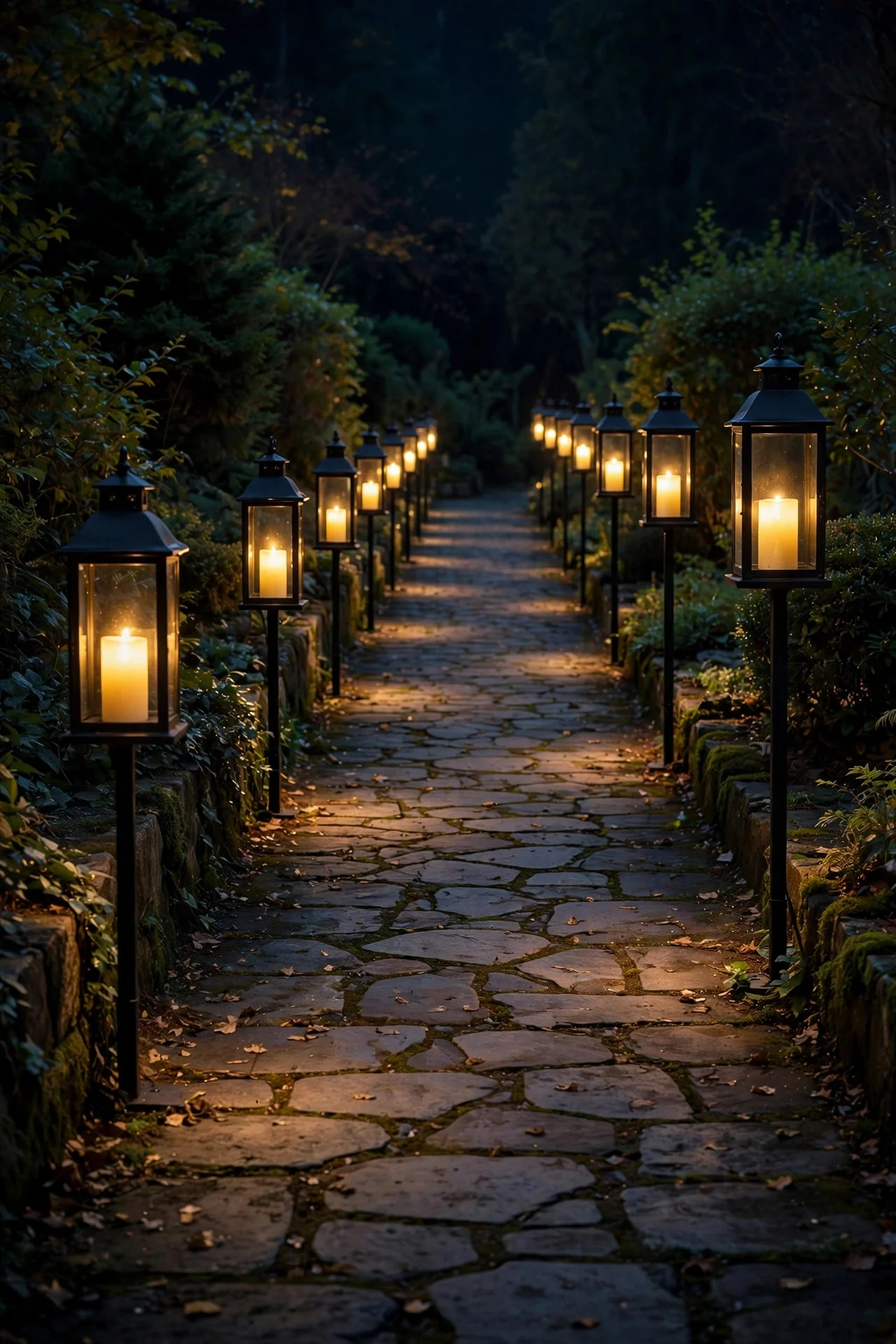 Lanterns with LED candles lining a walkway at night