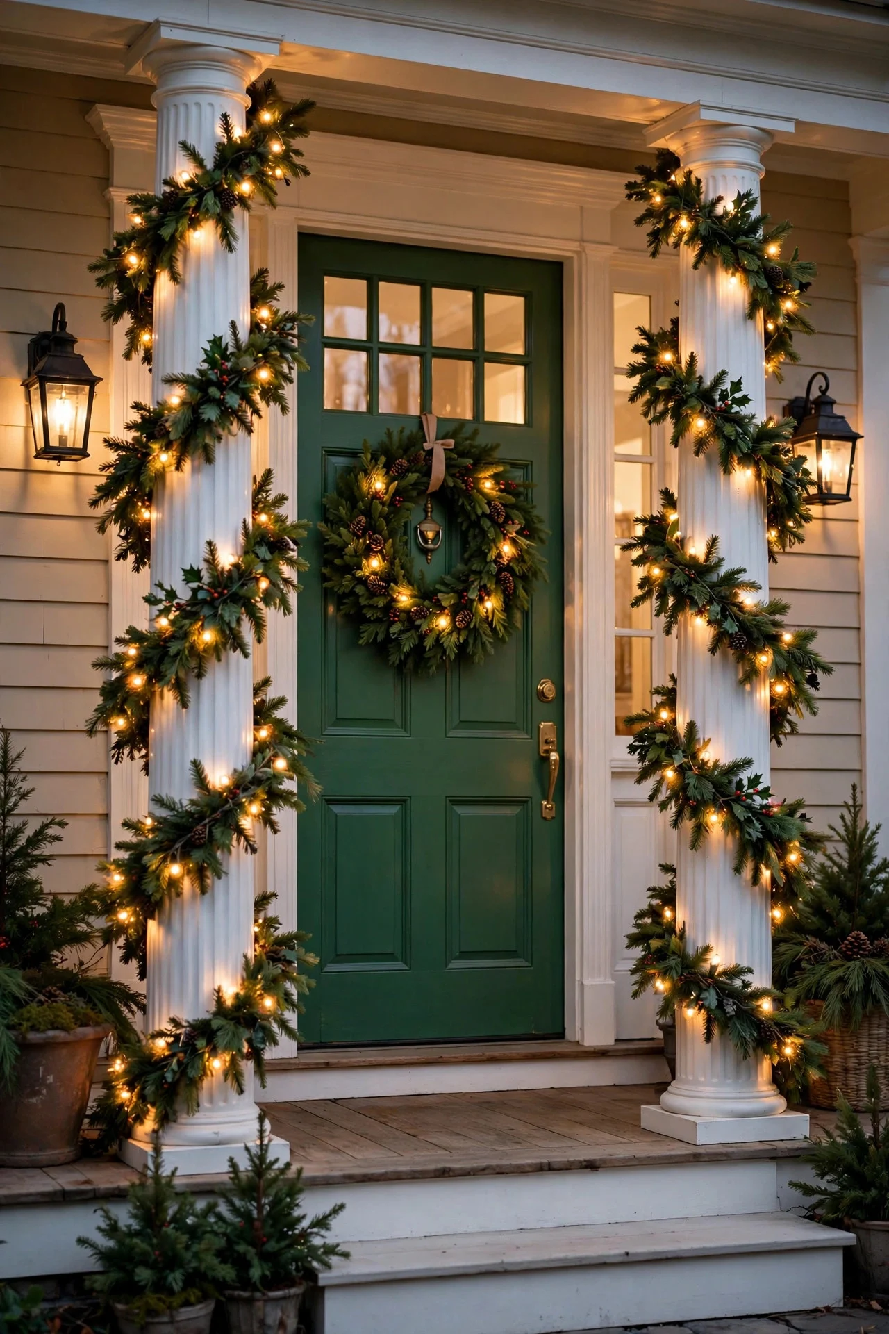 Porch columns wrapped with lit Christmas garland