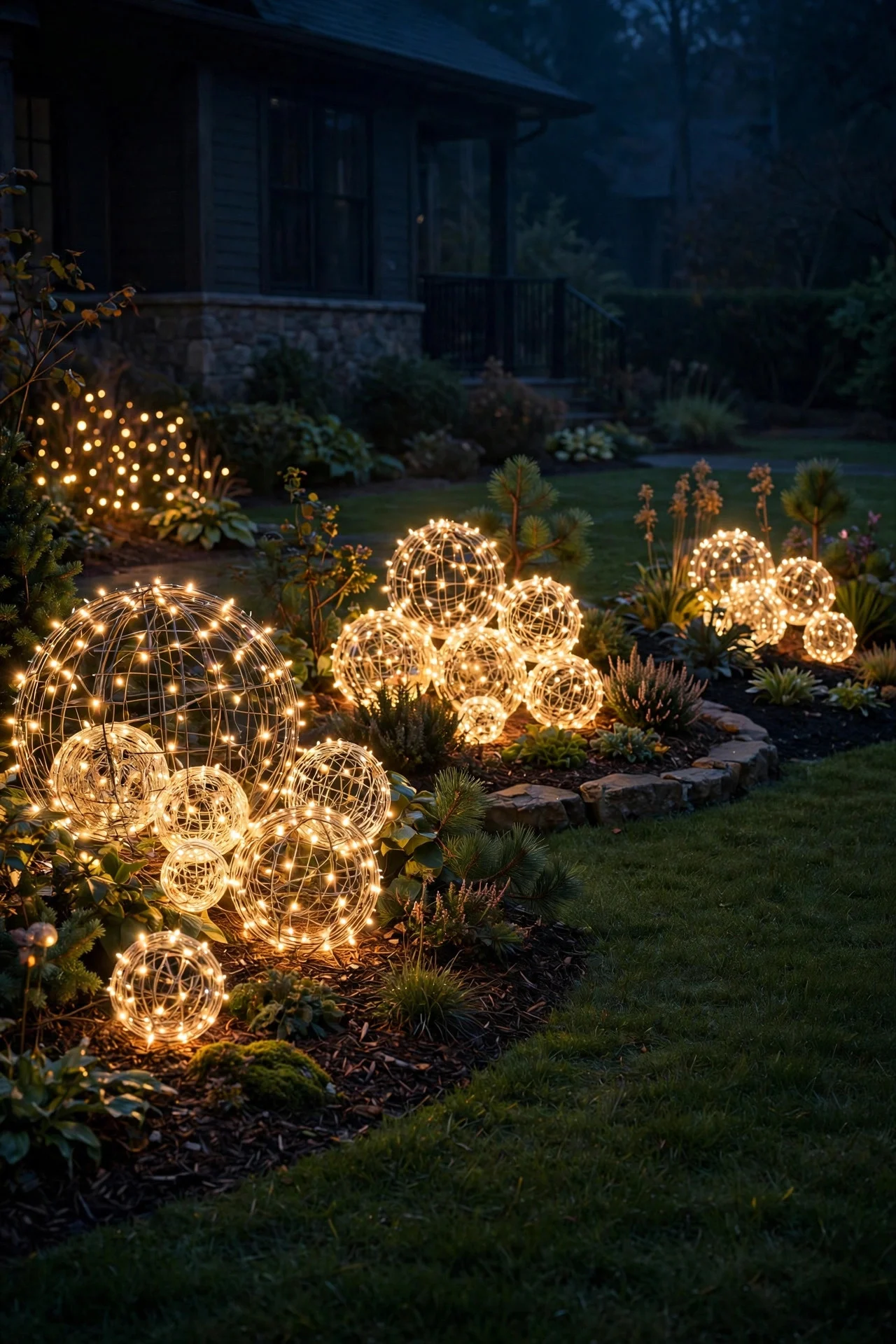 Glowing lighted spheres clustered on a lawn at night