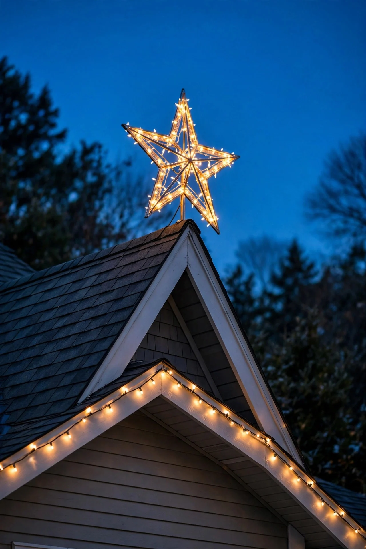 Lit Christmas star mounted on a house gable peak
