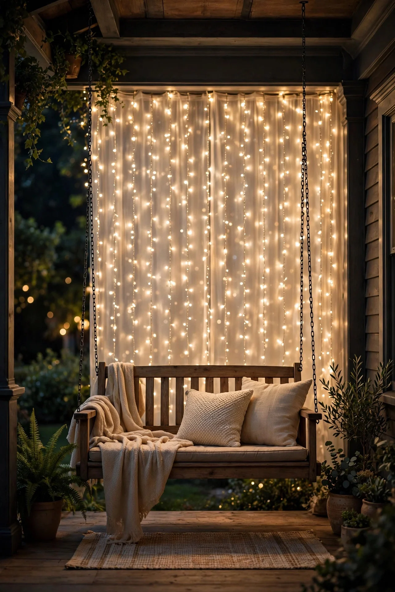 Curtain Christmas lights glowing behind a porch swing