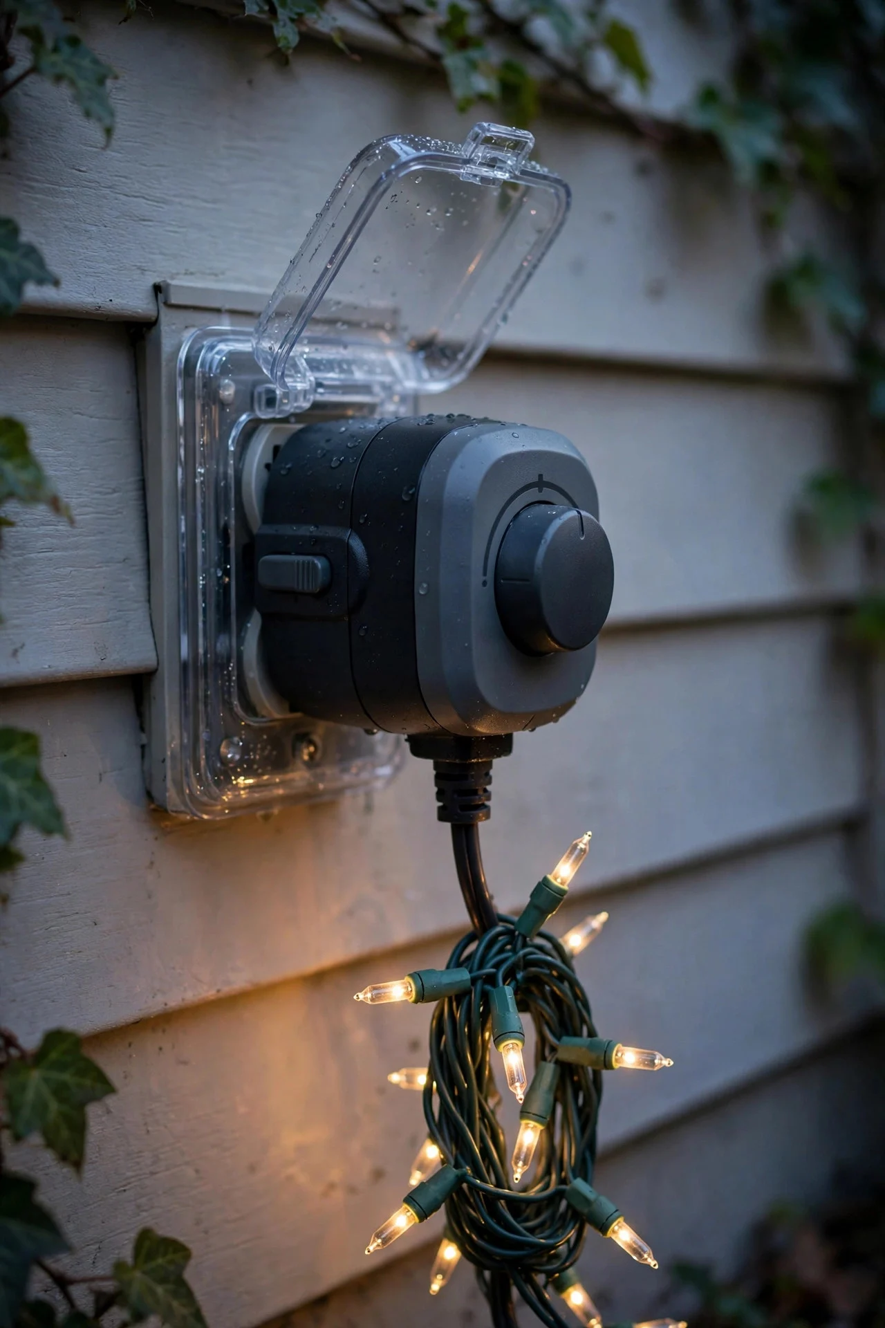 Outdoor timer plug connected to Christmas lights