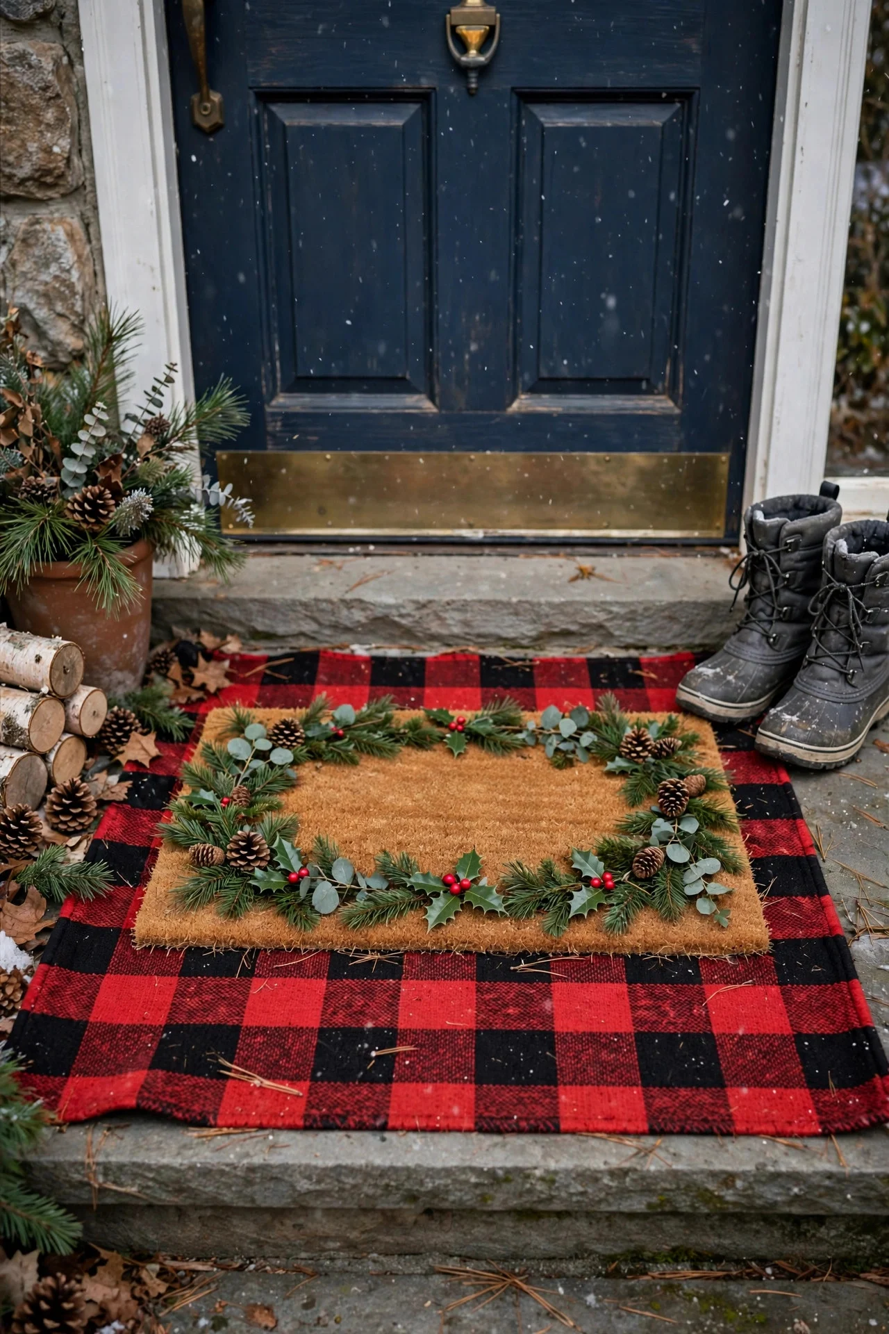 Layered Christmas doormat over a patterned rug at a front door