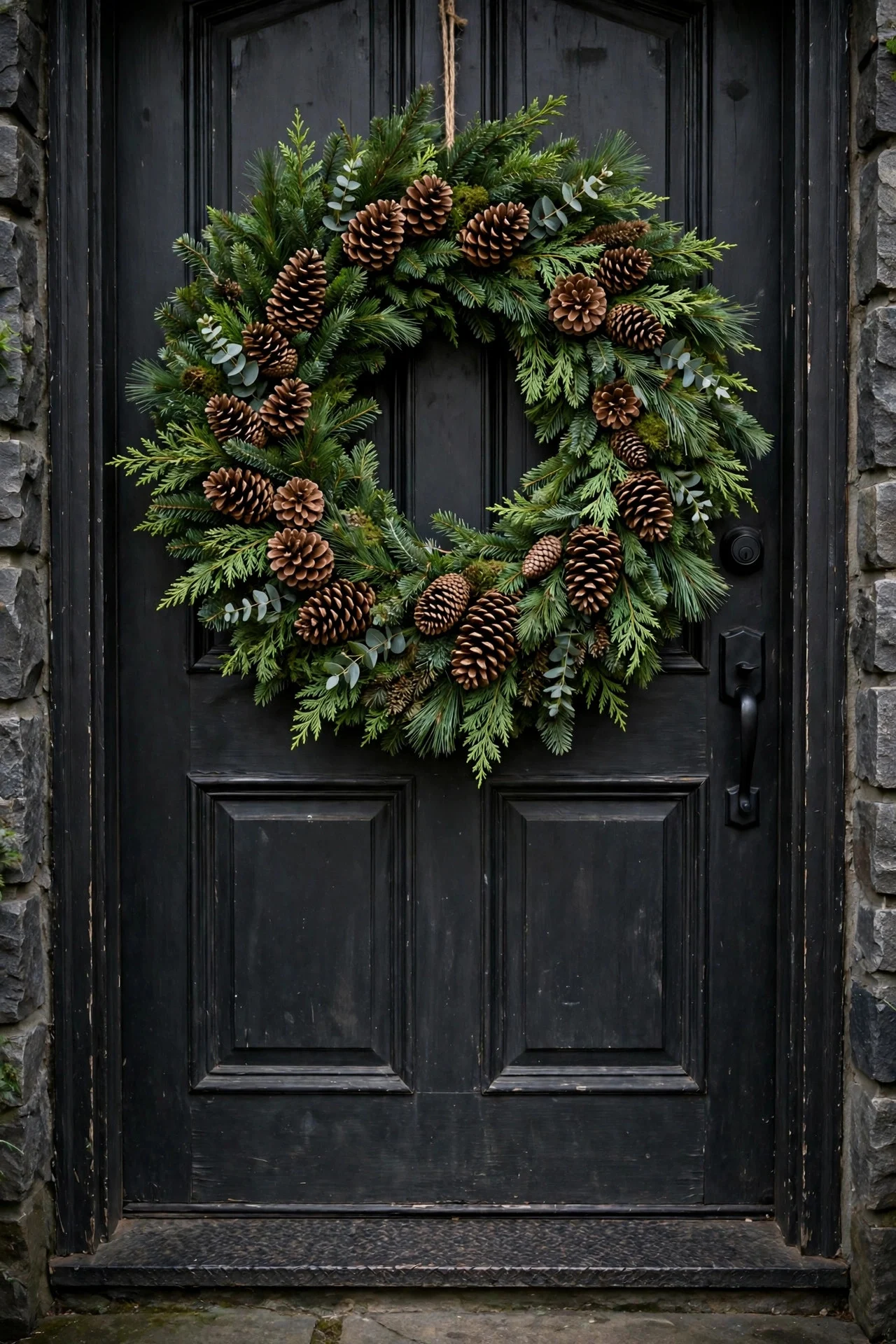 Oversized fresh Christmas wreath on a front door